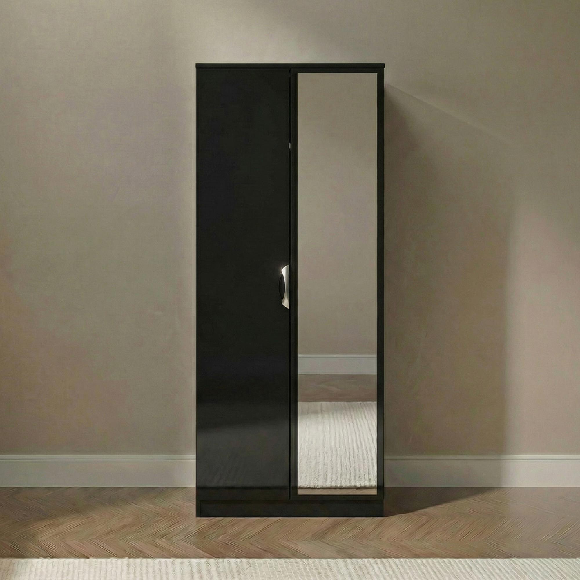 Camden Wardrobe - 2 Door - Tall with 1 Mirror - Black Gloss