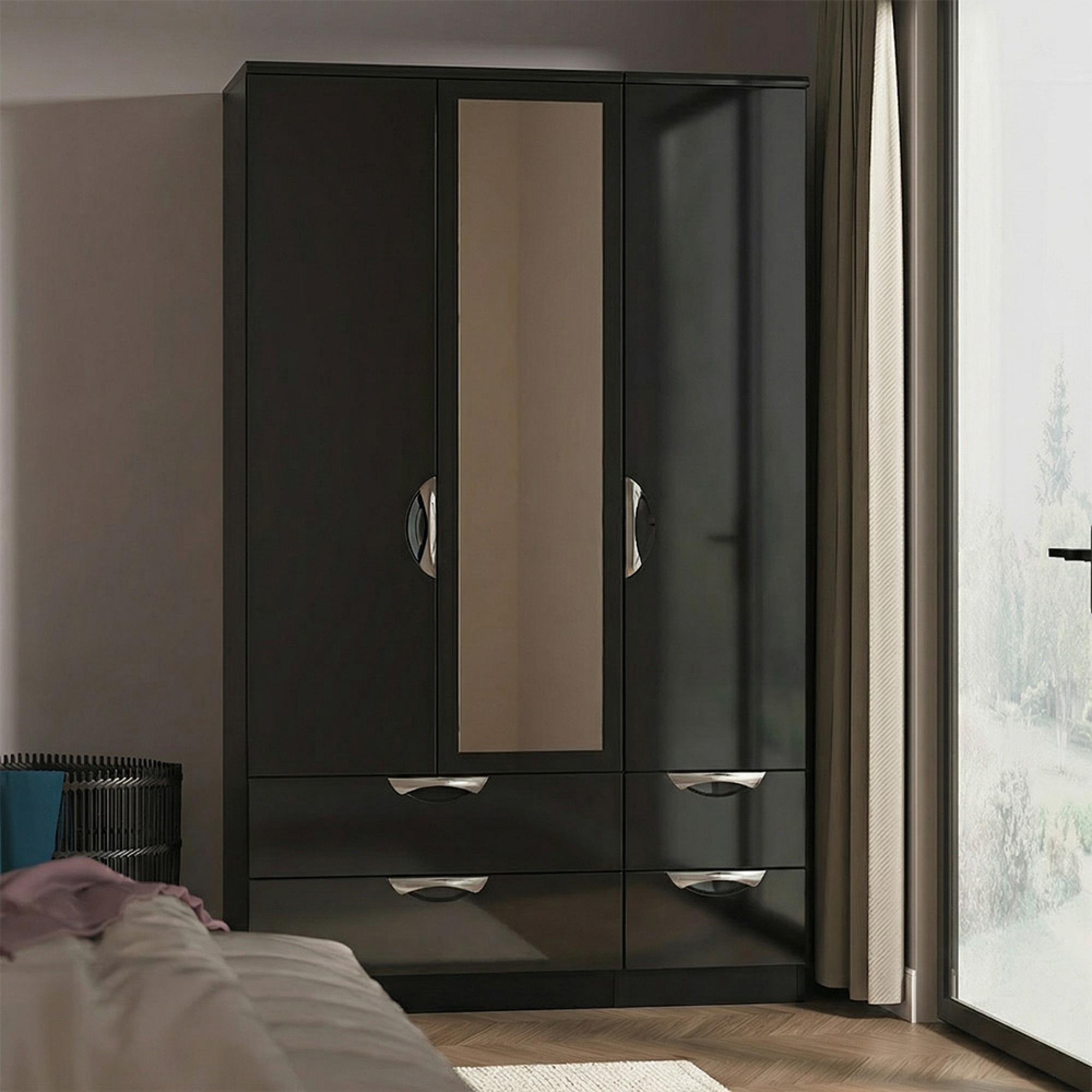 Camden Wardrobe - 3 Door - Combi with 1 Mirror - Black Gloss