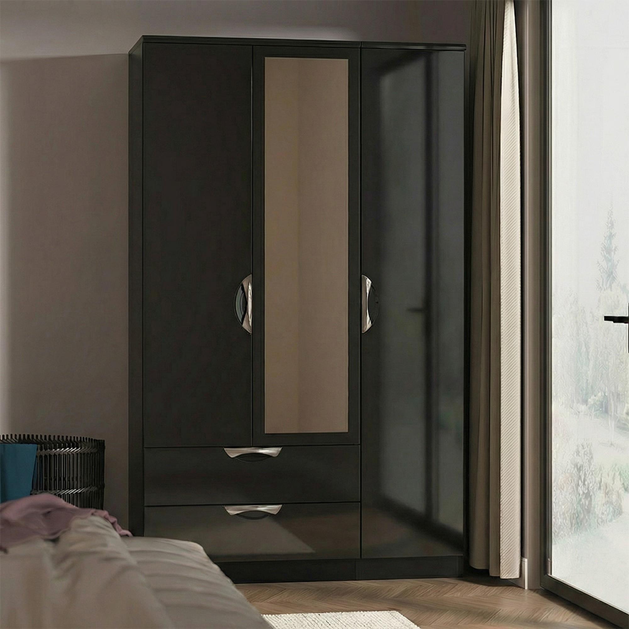 Camden Wardrobe - 3 Door - Combi with 1 Mirror and LHF 2 Drawers - Black Gloss
