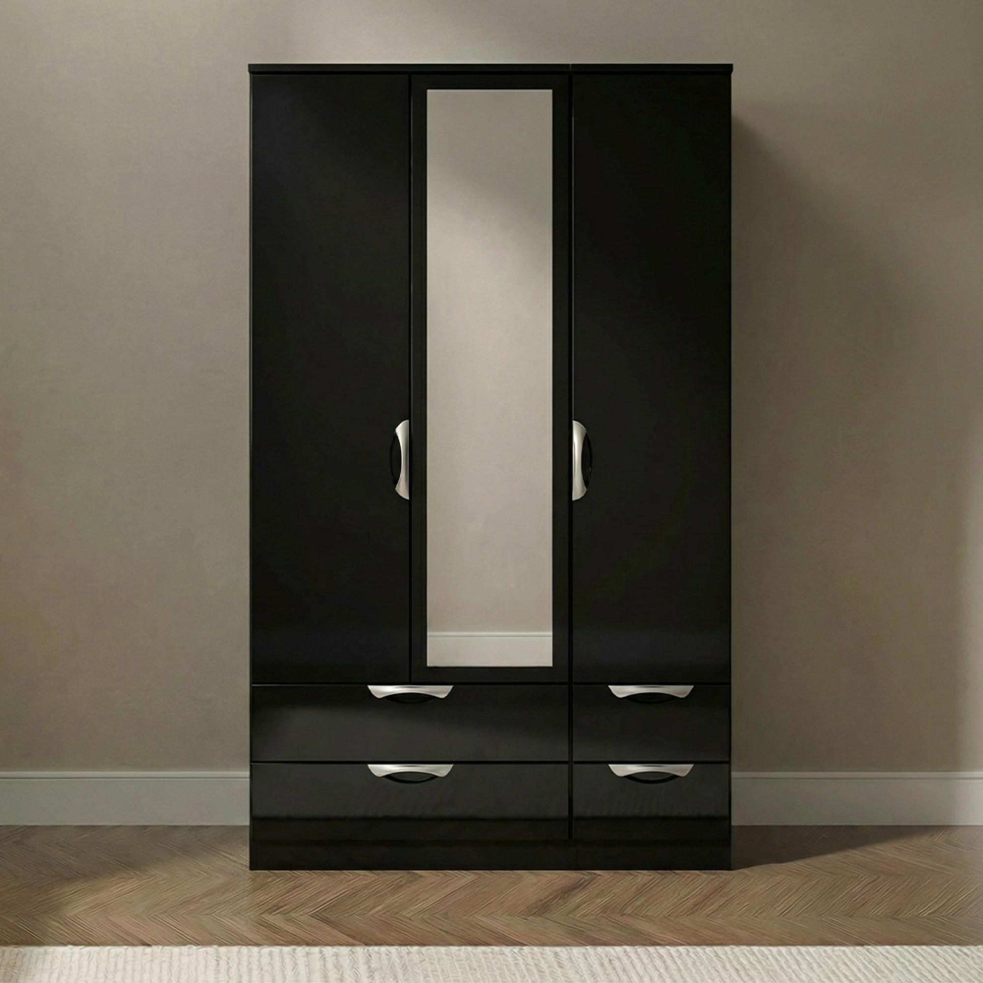 Camden Wardrobe - 3 Door - Tall Combi with 1 Mirror - Black Gloss