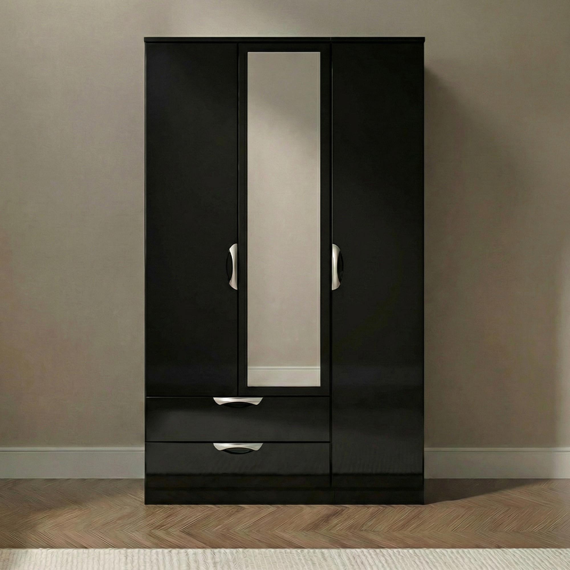 Camden Wardrobe - 3 Door - Tall Combi - with 1 Mirror - LHF 2 Drawers - Black Gloss