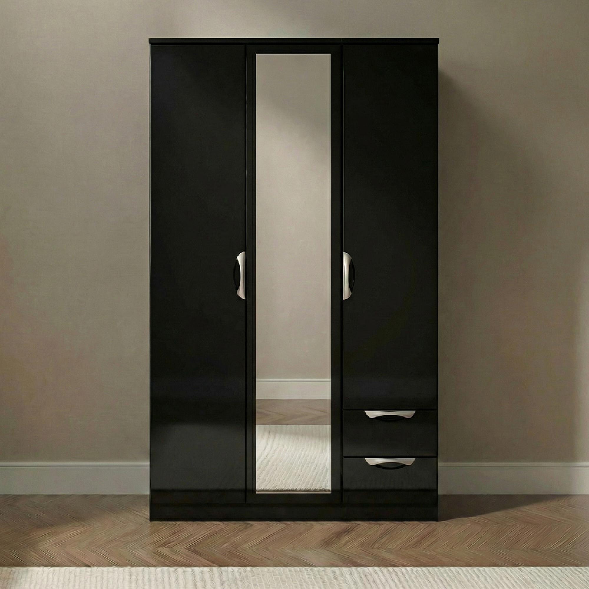Camden Wardrobe - 3 Door - Tall Combi - with 1 Mirror - RHF 2 Drawers - Black Gloss