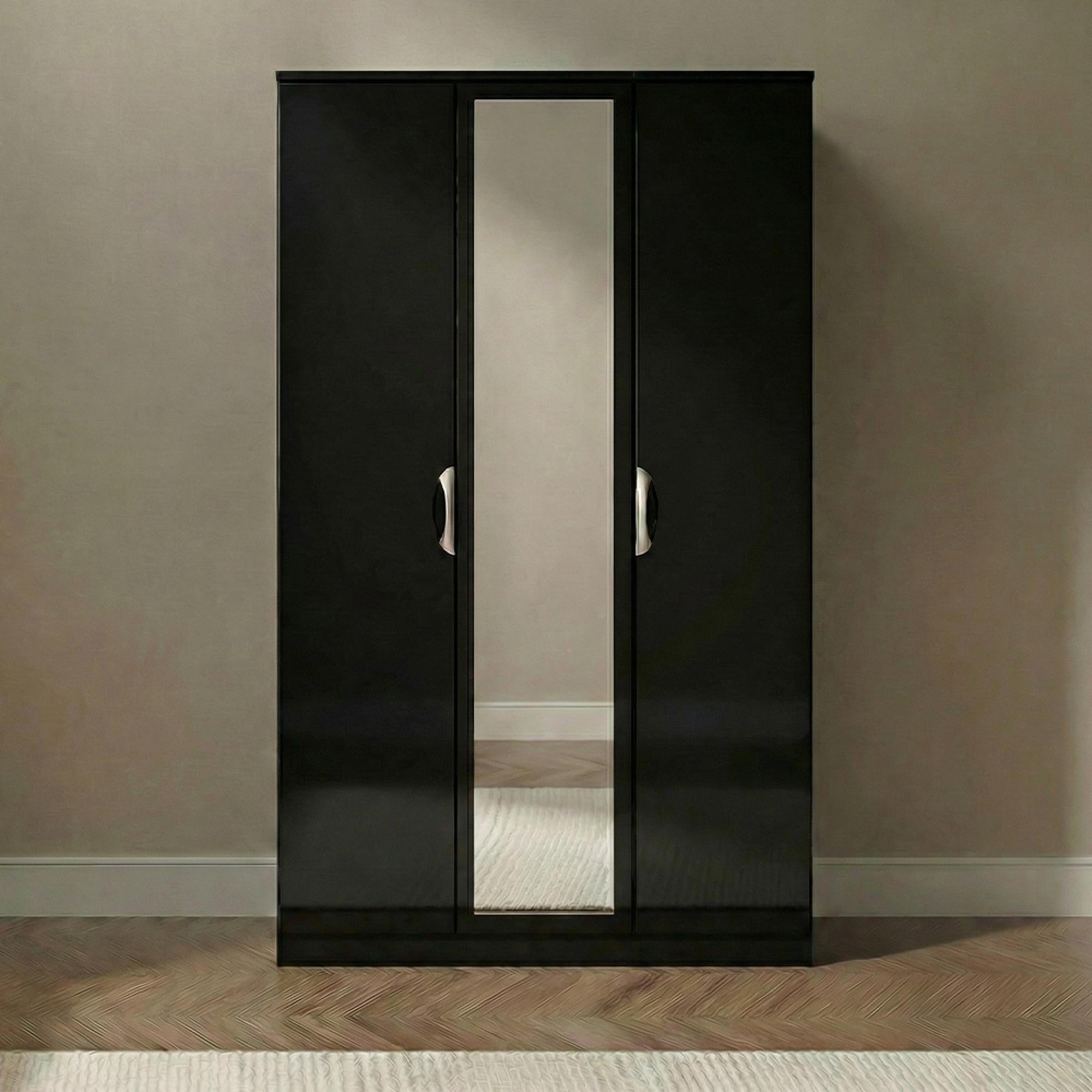 Camden Wardrobe - 3 Door - Tall Triple - with 1 Mirror - Black Gloss