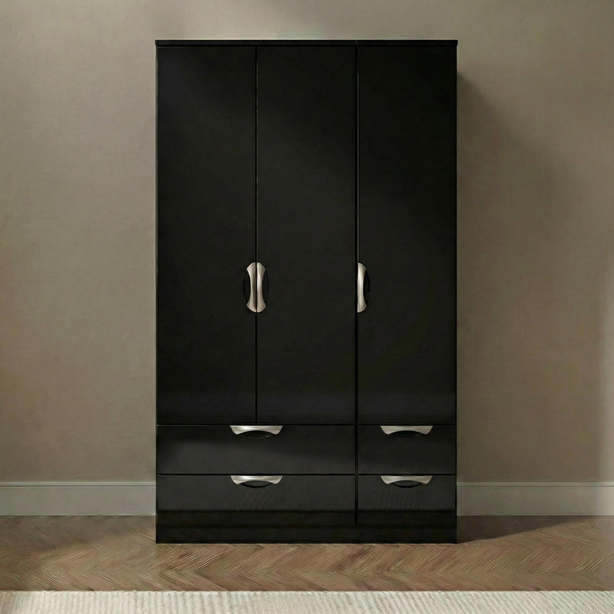 Camden Wardrobe - 3 Door - Tall Triple - with 4 Drawers - Black Gloss