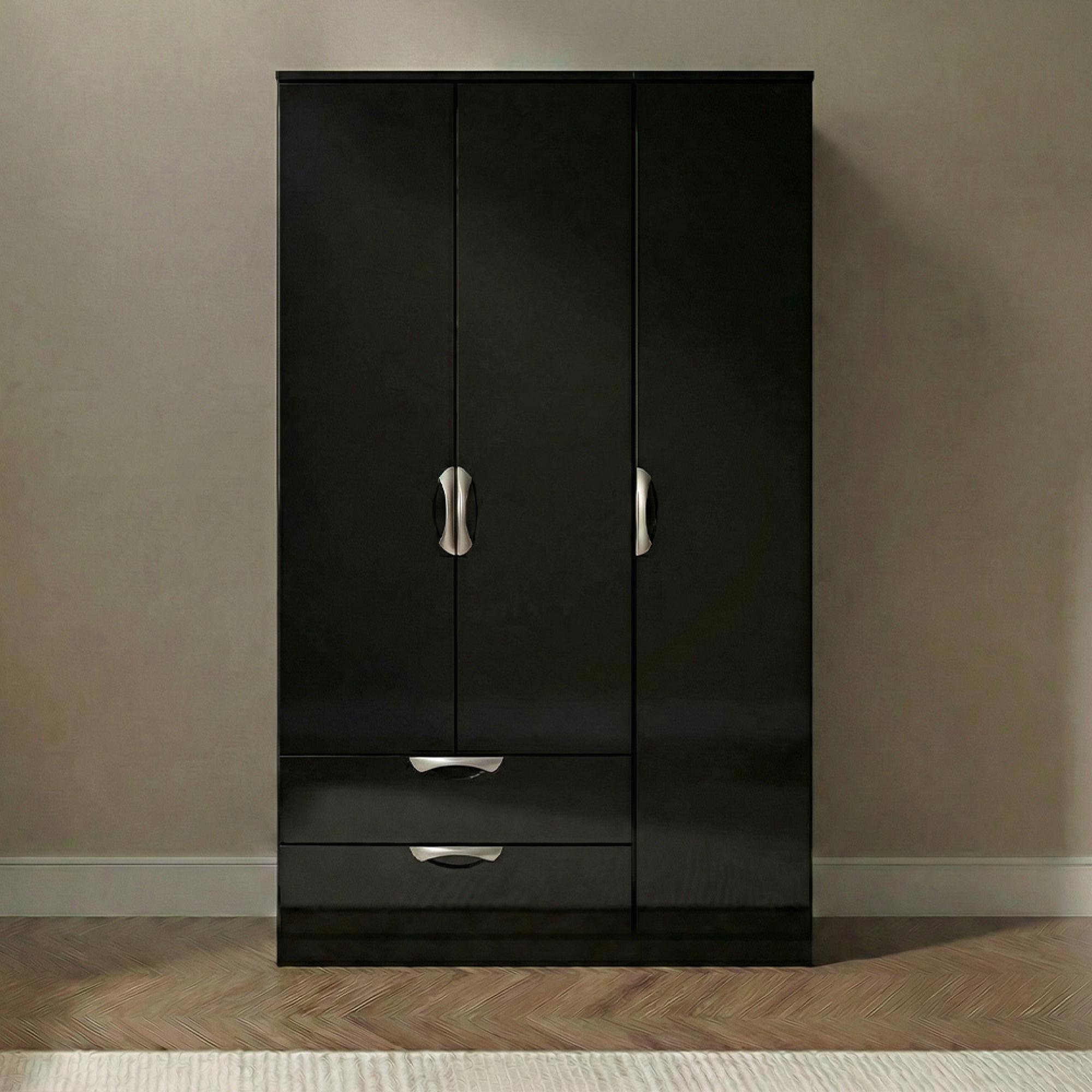 Camden Wardrobe - 3 Door - Tall Triple - with LHF 2 Drawers - Black Gloss