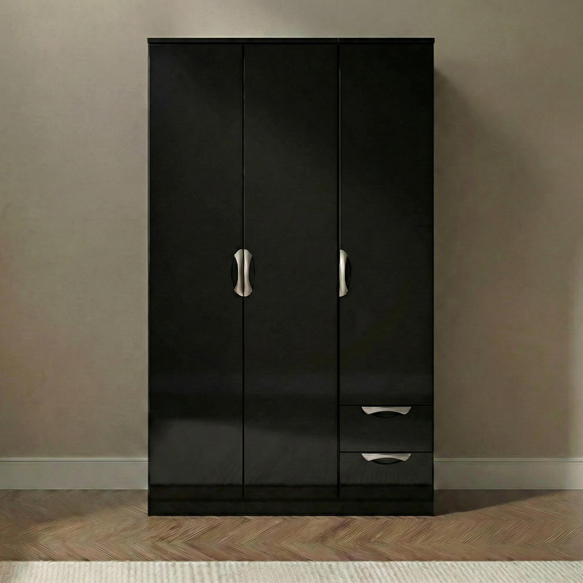 Camden Wardrobe - 3 Door - Tall Triple - with RHF 2 Drawers - Black Gloss