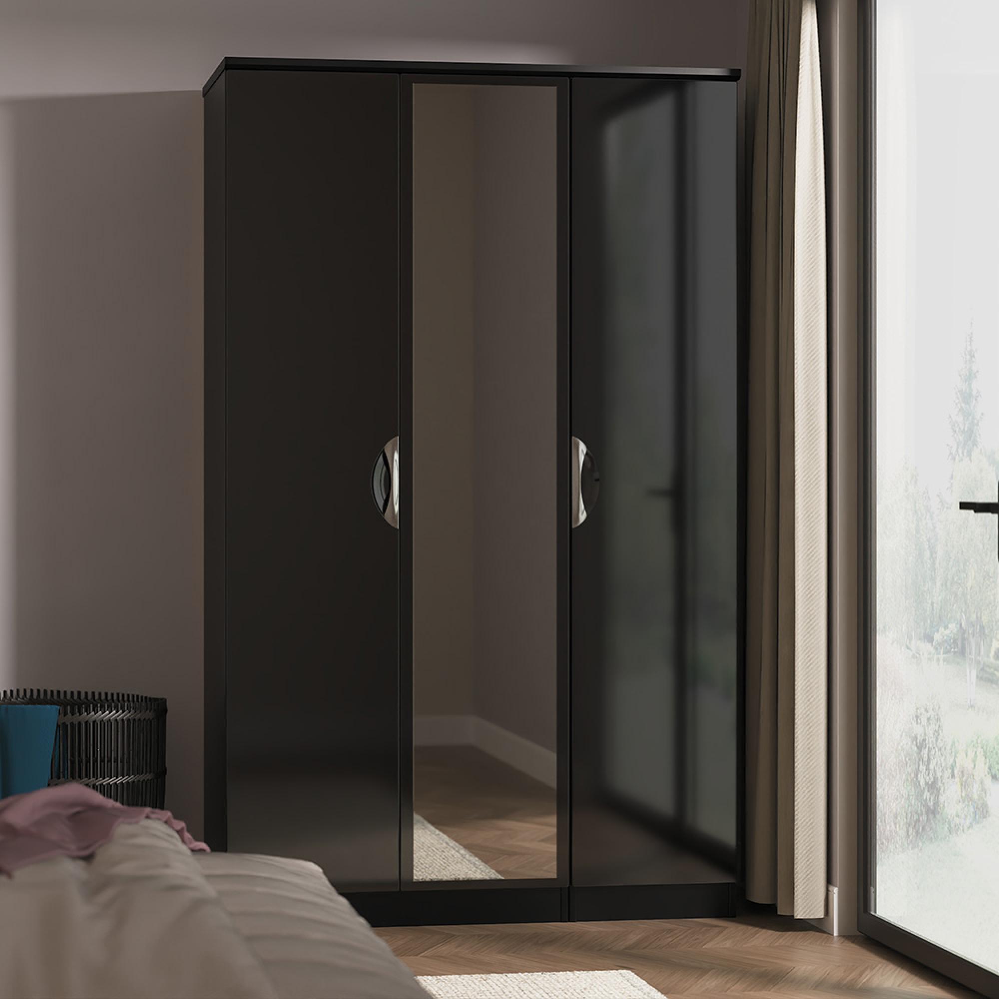 Camden Wardrobe - 3 Door - Triple with 1 Mirror - Black Gloss