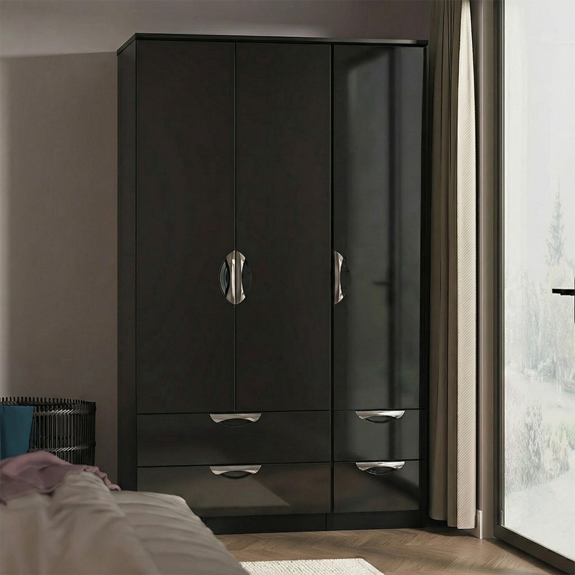 Camden Wardrobe - 3 Door - Triple with 4 Drawers - Black Gloss
