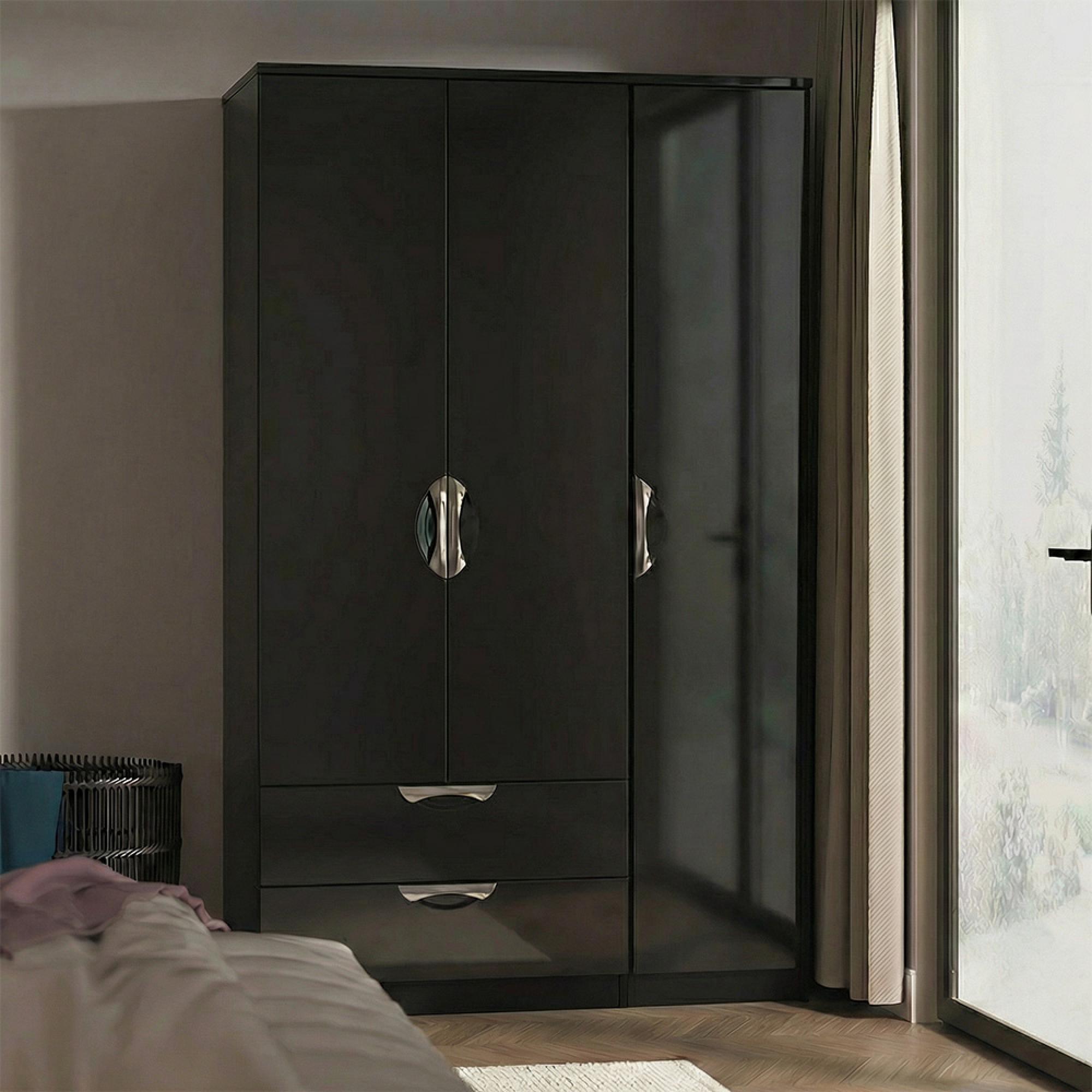 Camden Wardrobe - 3 Door - Triple with LHF 2 Drawers - Black Gloss
