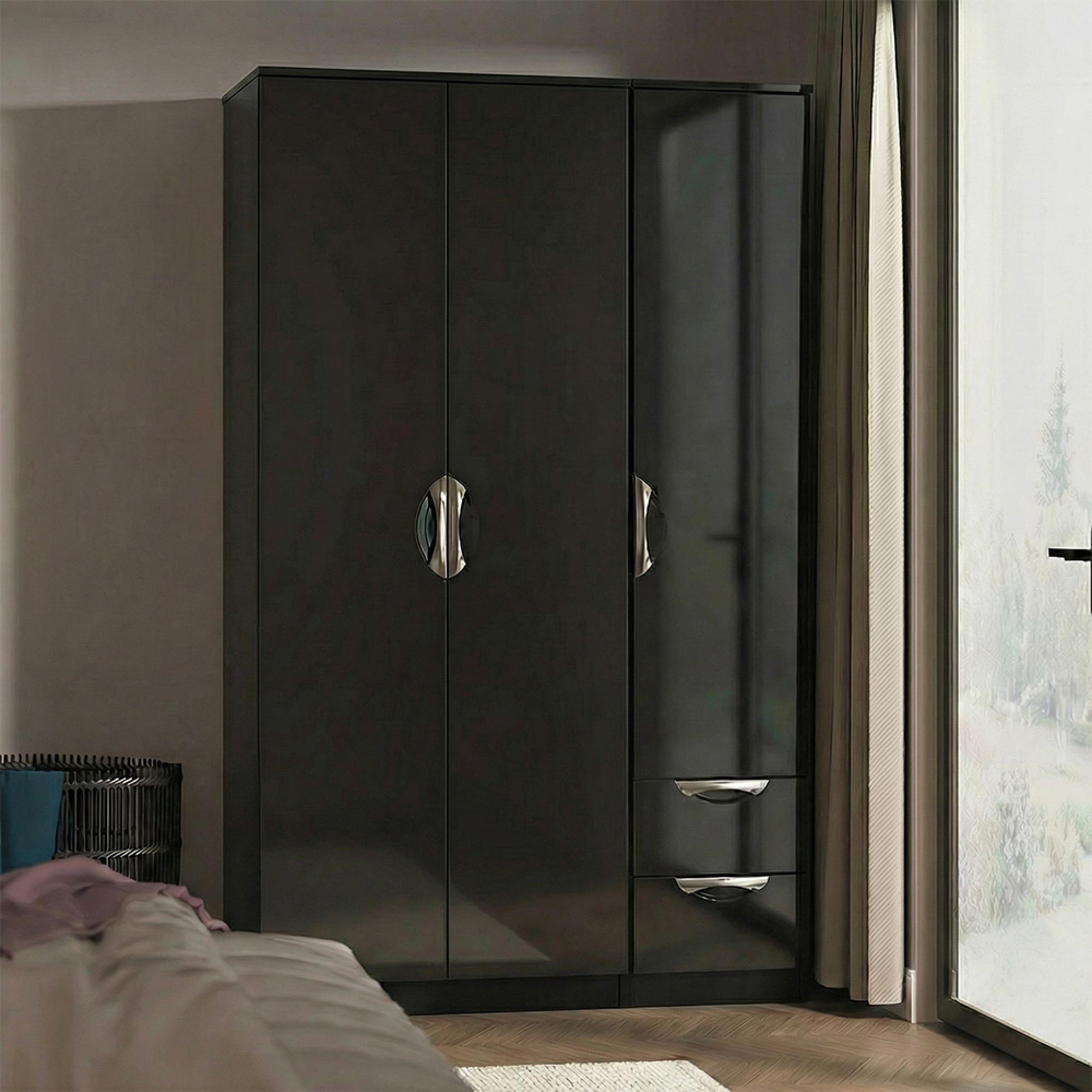 Camden Wardrobe - 3 Door - Triple with RHF 2 Drawers - Black Gloss