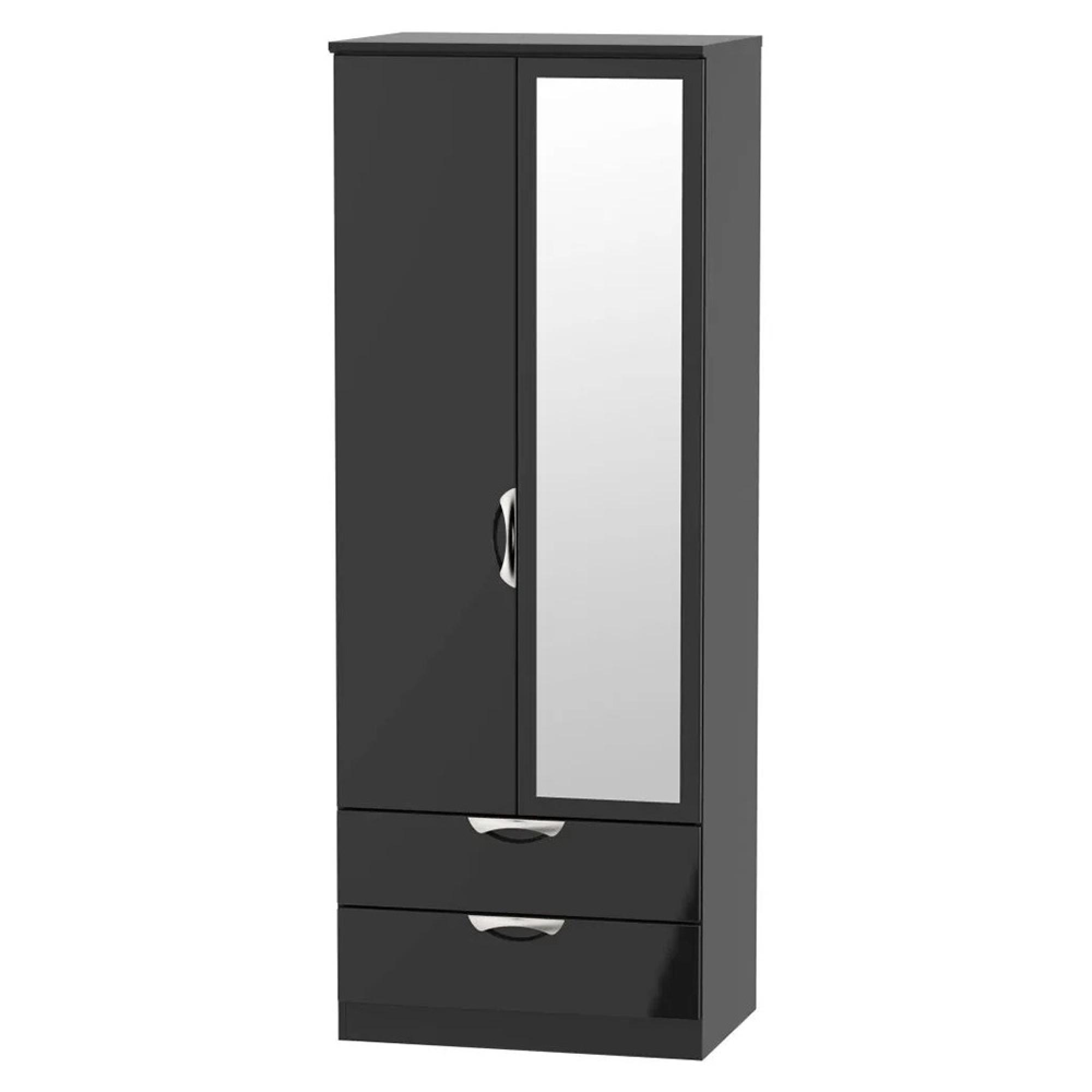 Camden Wardrobe - 2 Door - Tall Combi with 1 Mirror - Black Gloss