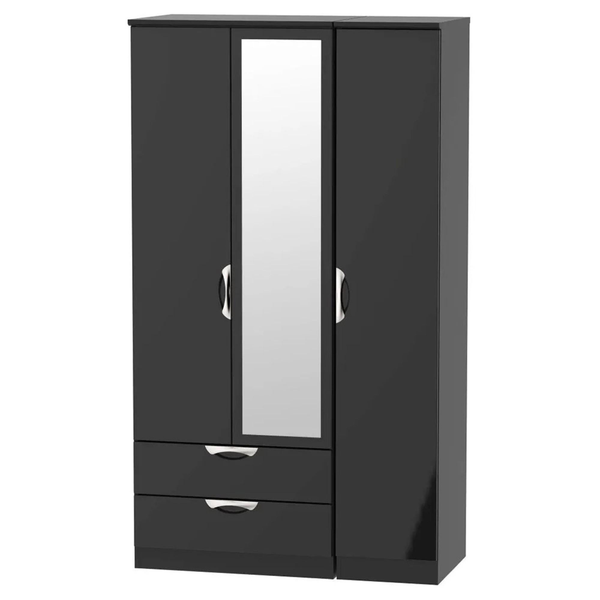 Camden Wardrobe - 3 Door - Combi with 1 Mirror and LHF 2 Drawers - Black Gloss