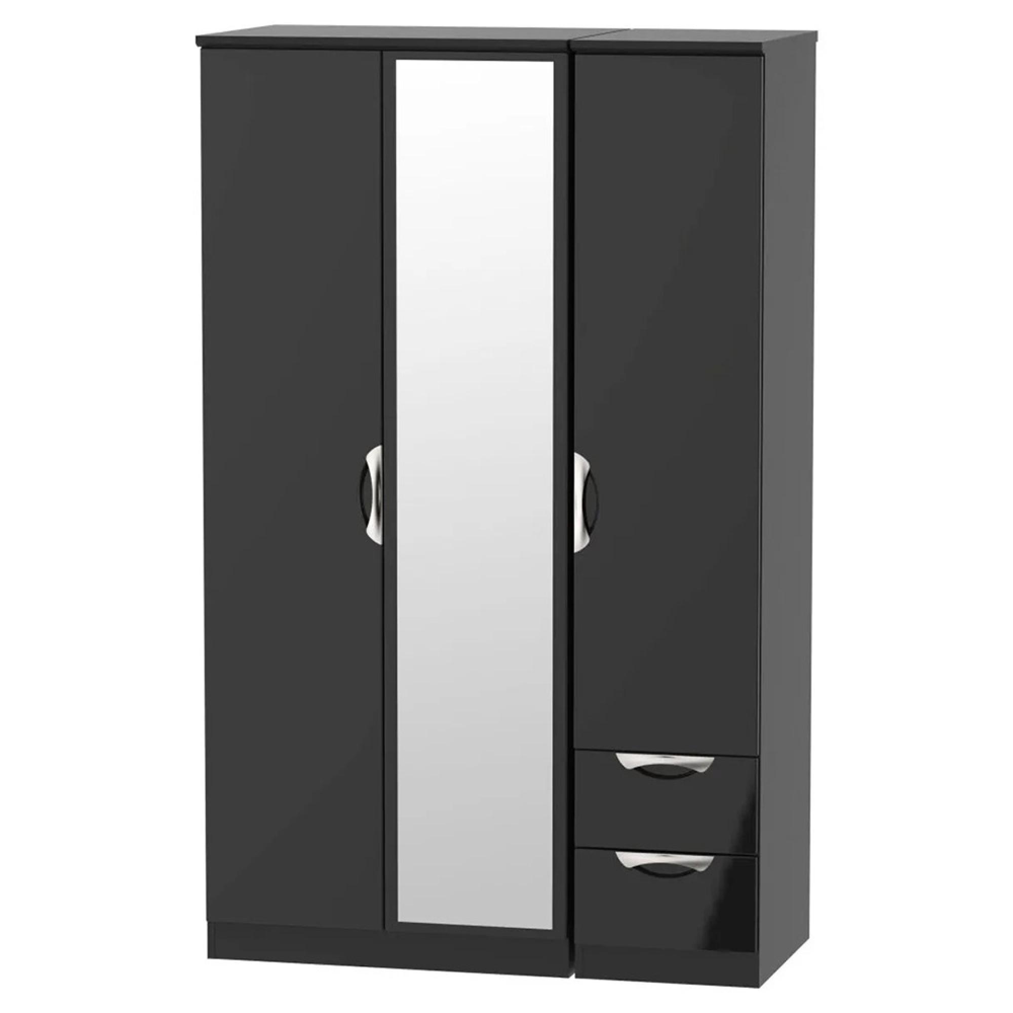 Camden Wardrobe - 3 Door - Combi with 1 Mirror and RHF 2 Drawers - Black Gloss
