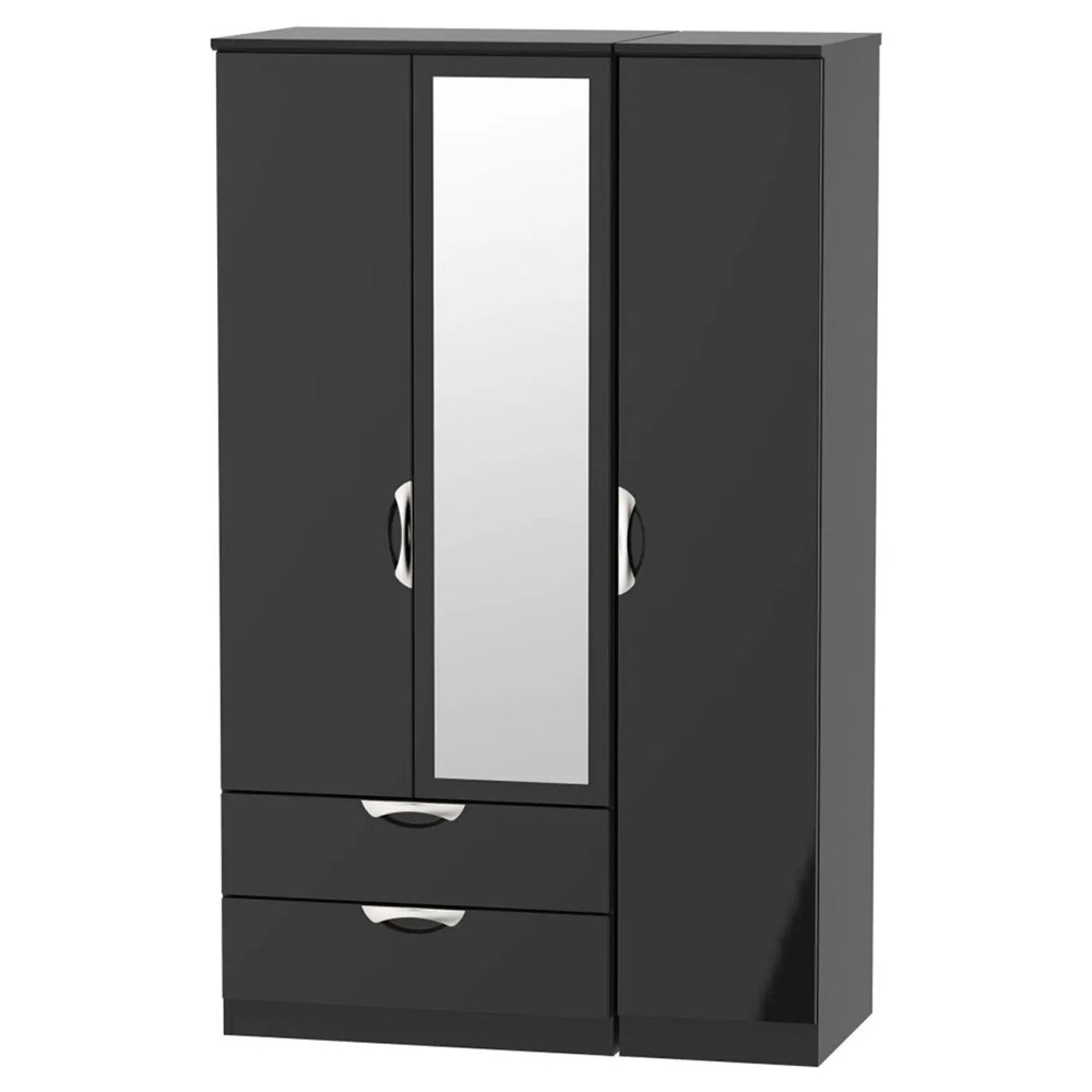 Camden Wardrobe - 3 Door - Tall Combi - with 1 Mirror - LHF 2 Drawers - Black Gloss