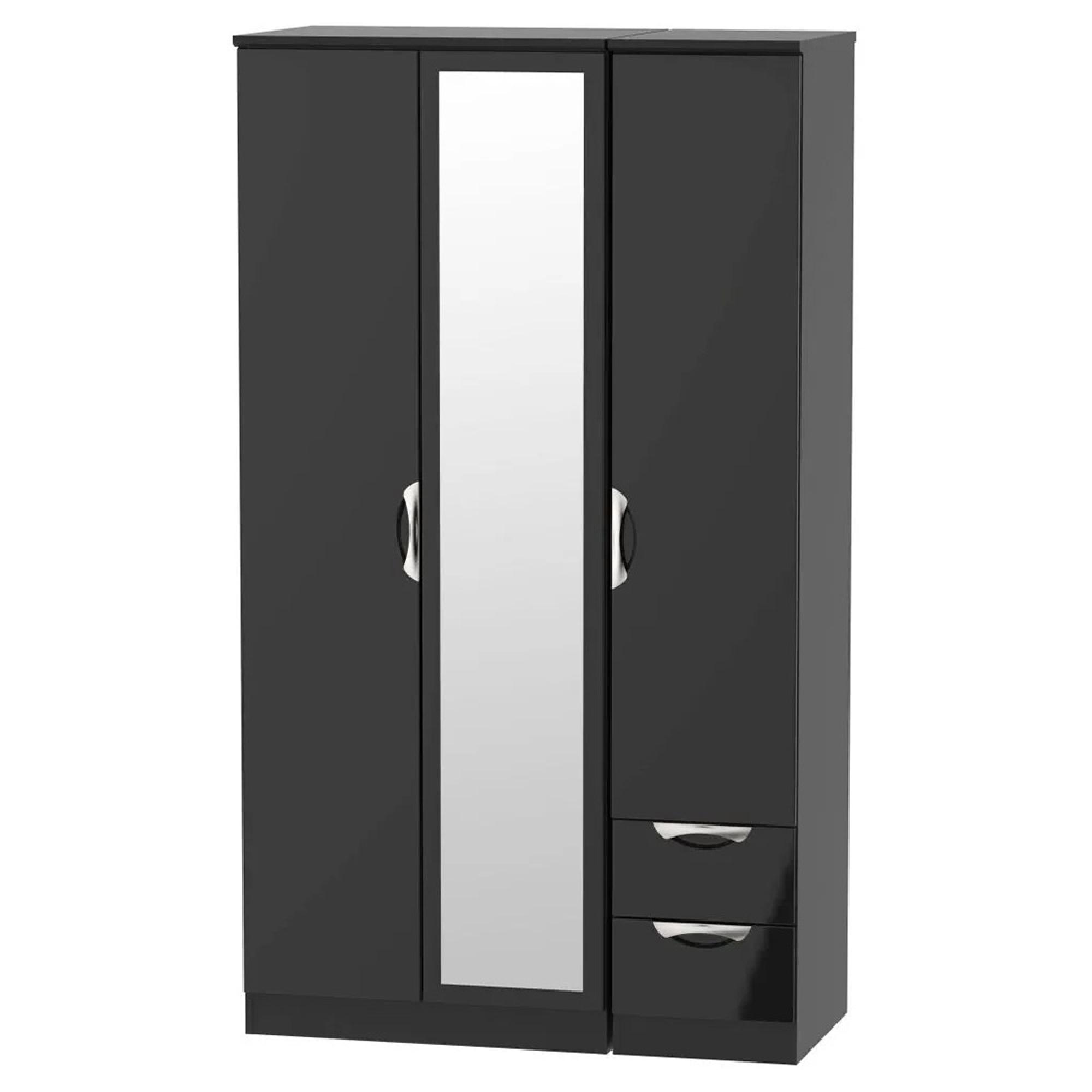 Camden Wardrobe - 3 Door - Tall Combi - with 1 Mirror - RHF 2 Drawers - Black Gloss