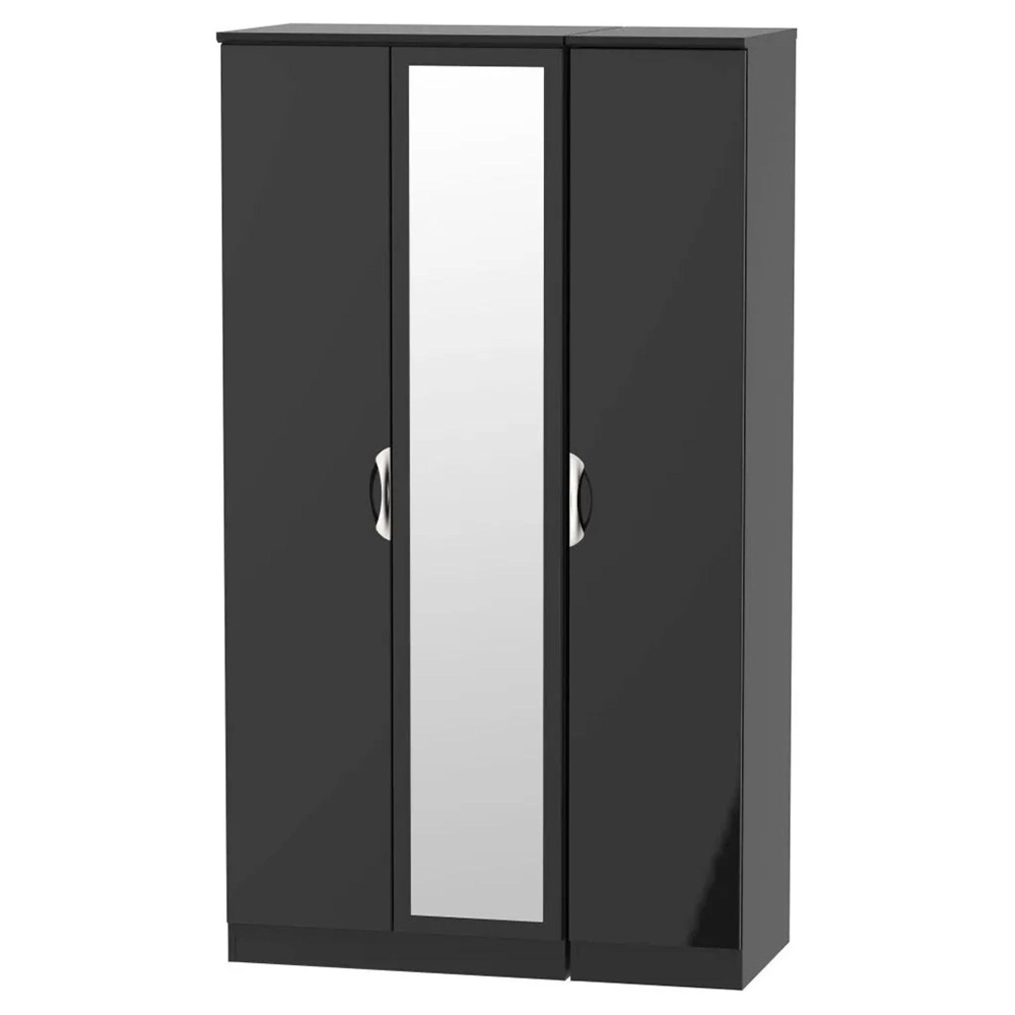 Camden Wardrobe - 3 Door - Tall Triple - with 1 Mirror - Black Gloss
