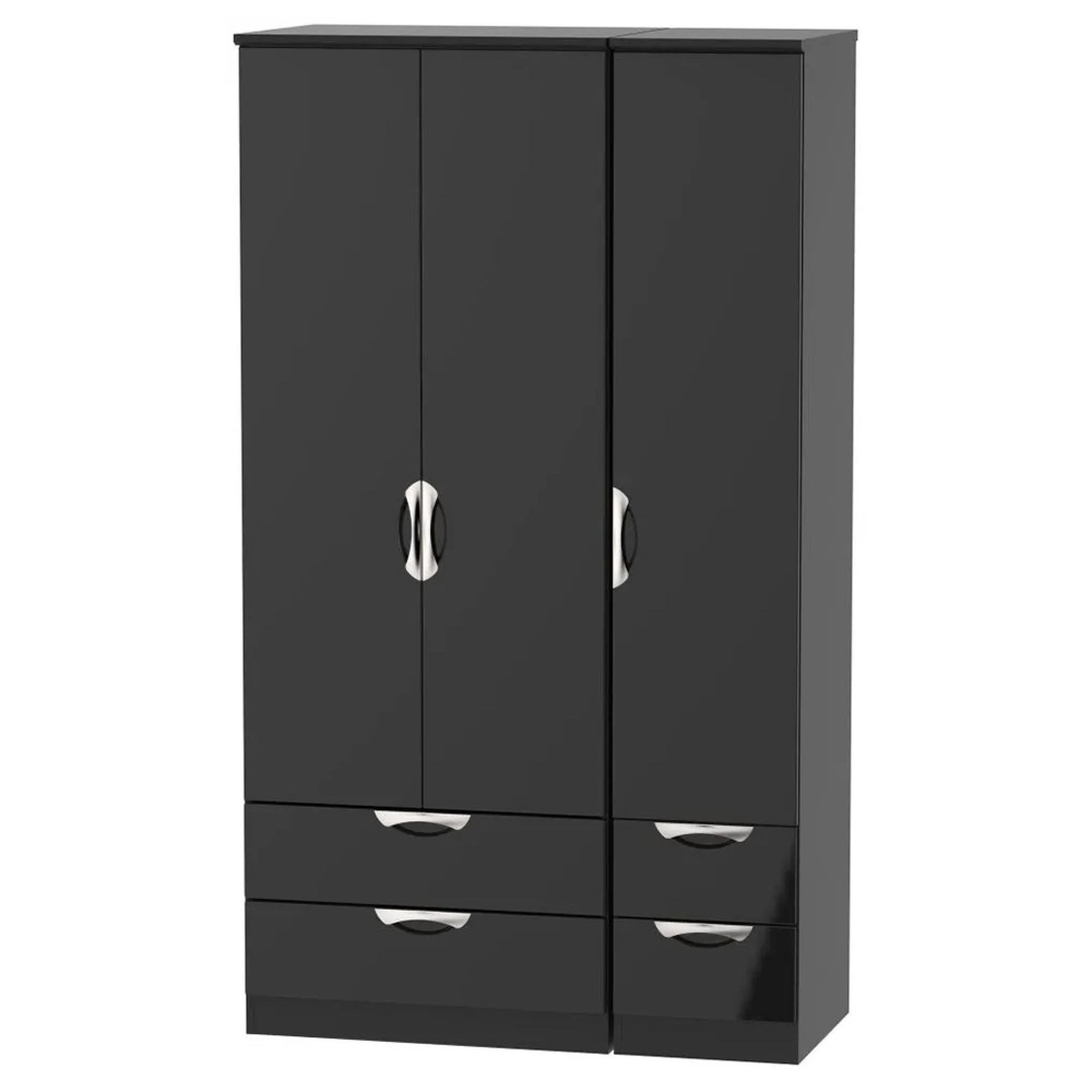 Camden Wardrobe - 3 Door - Tall Triple - with 4 Drawers - Black Gloss
