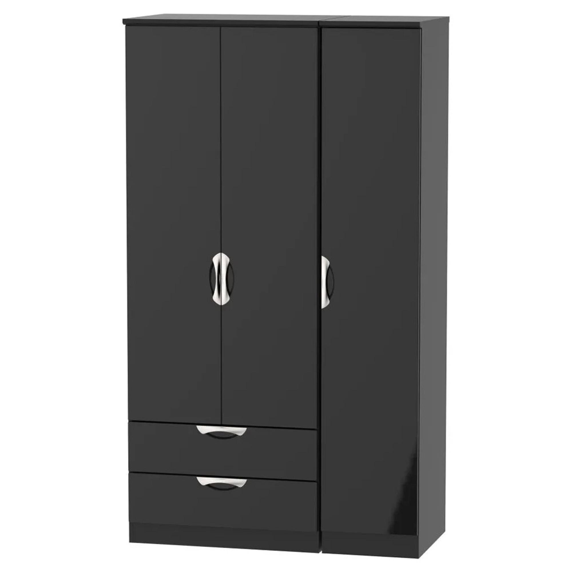 Camden Wardrobe - 3 Door - Tall Triple - with LHF 2 Drawers - Black Gloss