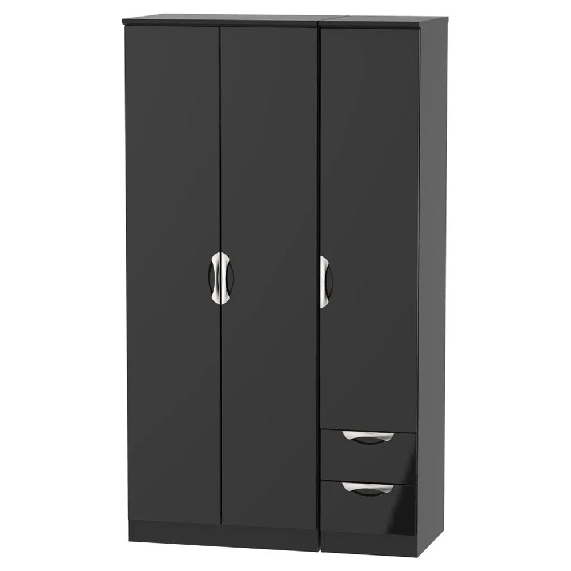 Camden Wardrobe - 3 Door - Tall Triple - with RHF 2 Drawers - Black Gloss