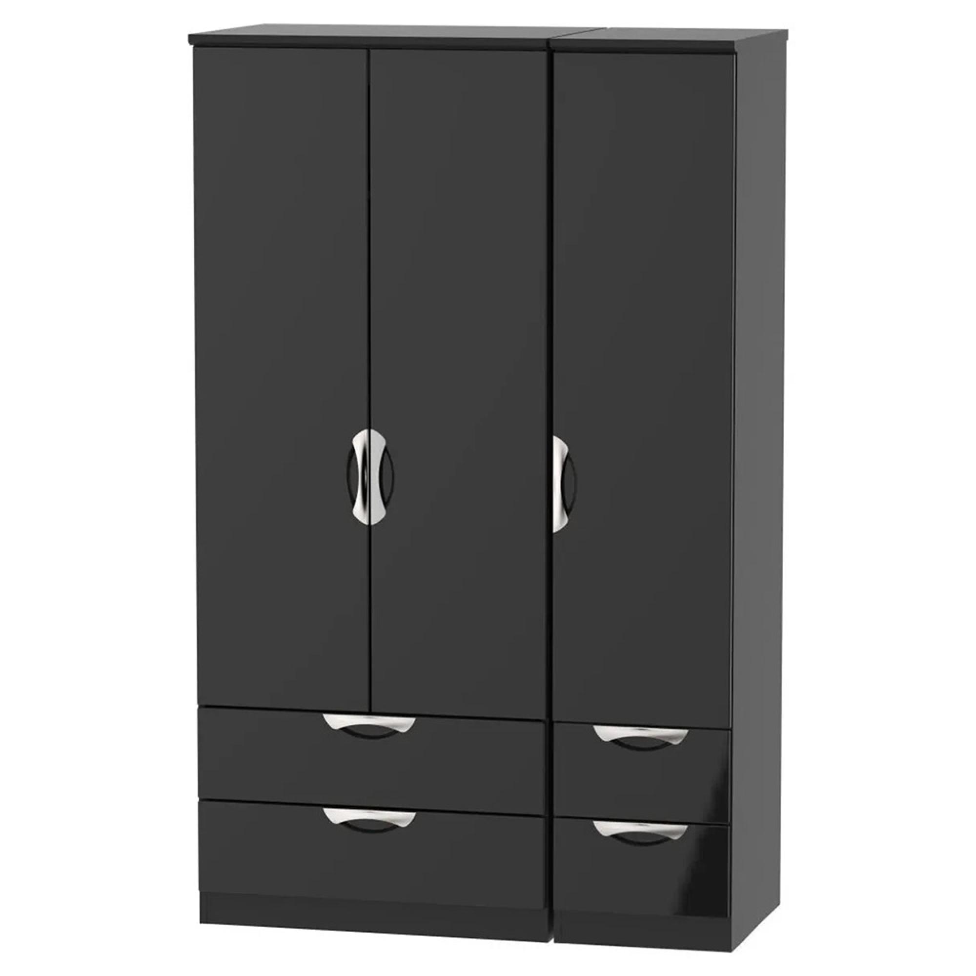 Camden Wardrobe - 3 Door - Triple with 4 Drawers - Black Gloss