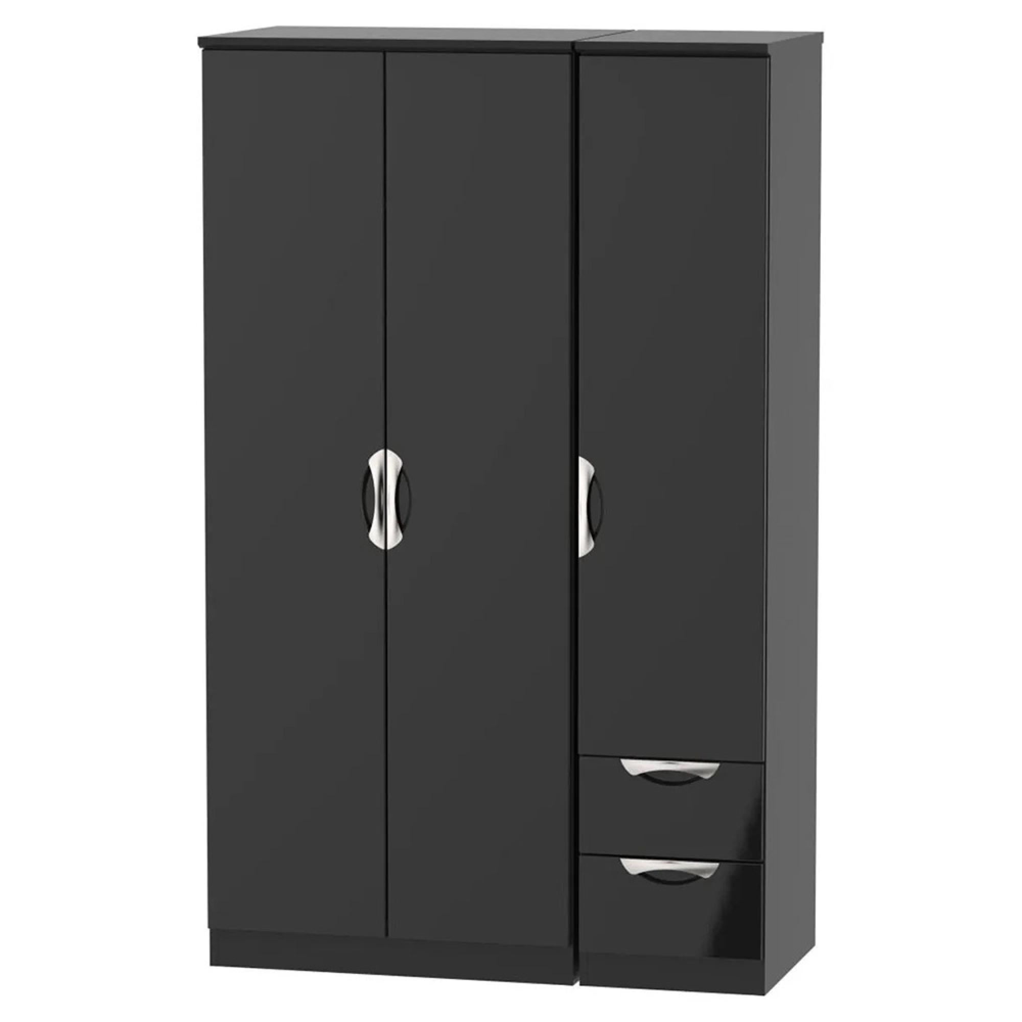 Camden Wardrobe - 3 Door - Triple with RHF 2 Drawers - Black Gloss