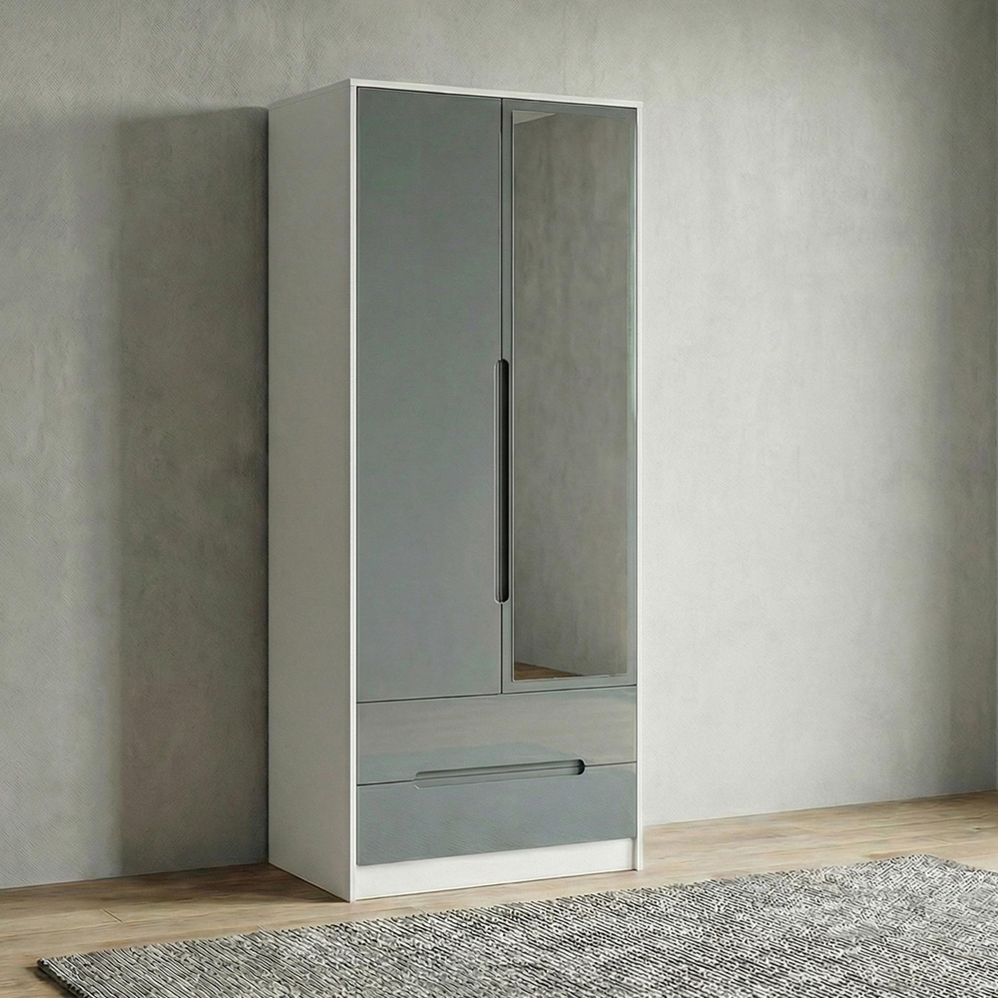Monaco Wardrobe - 2 Door - 1 Mirror - Tall - Combi - Grey Gloss and White