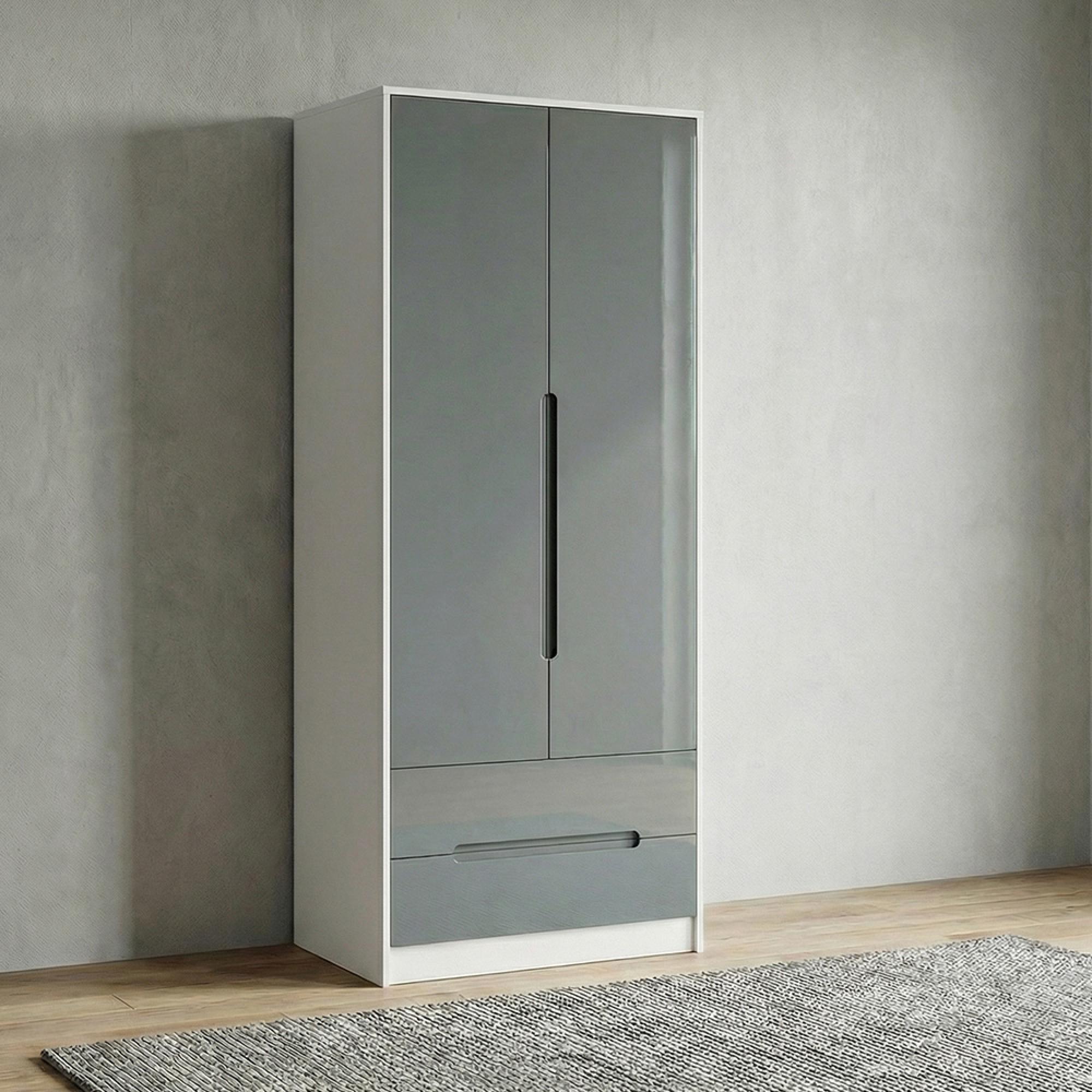 Monaco Wardrobe - 2 Door - 2 Drawer - Tall - Grey Gloss and White