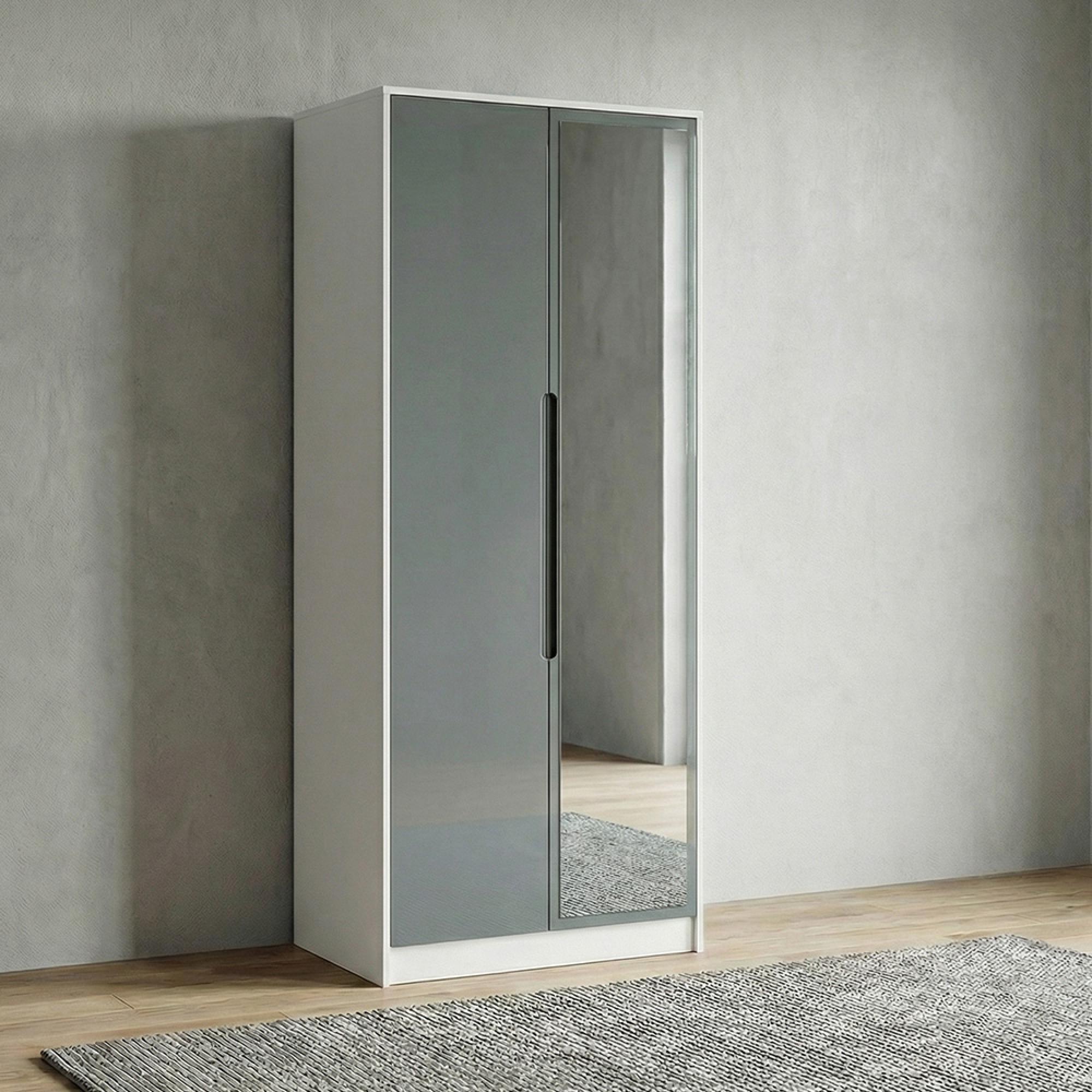 Monaco Wardrobe - 2 Door - Tall - 1 Mirror - Grey Gloss and White