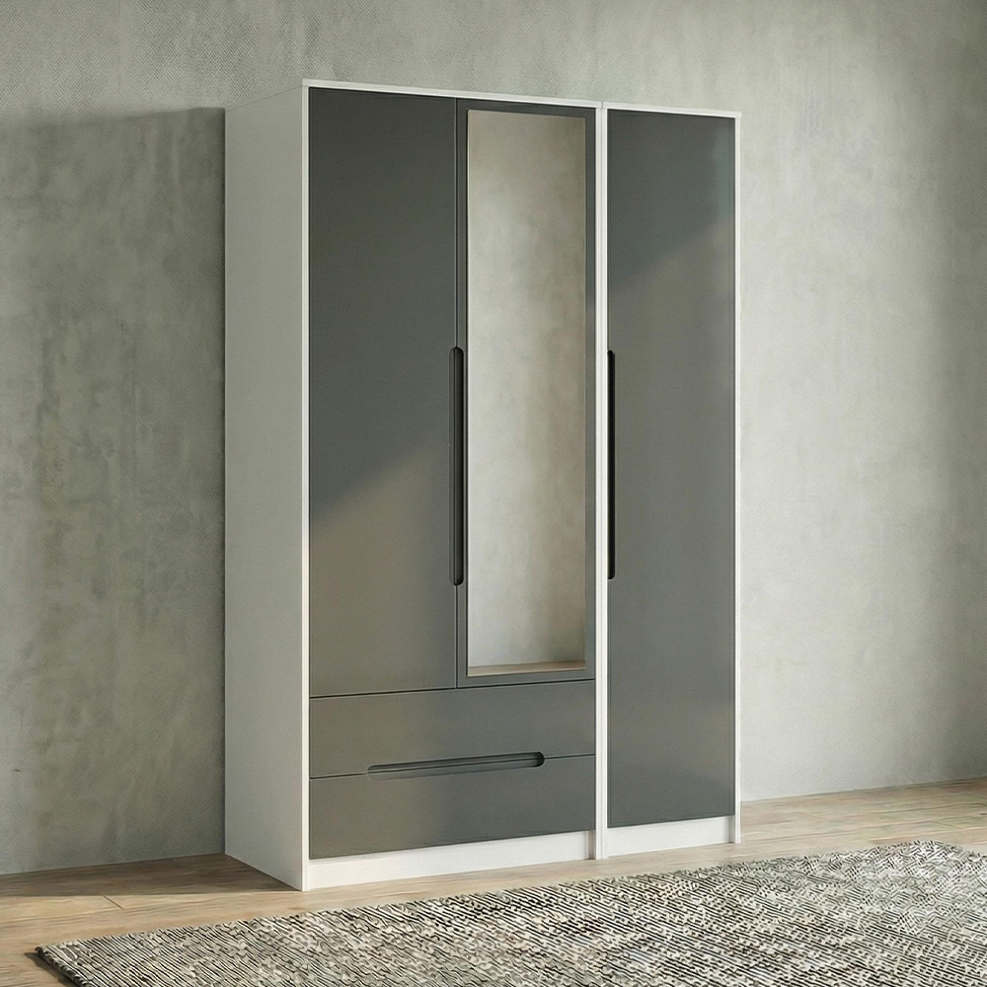 Monaco Wardrobe - 3 Door - 1 Mirror - LHF 2 Drawer - Tall - Combi - Grey Gloss and White