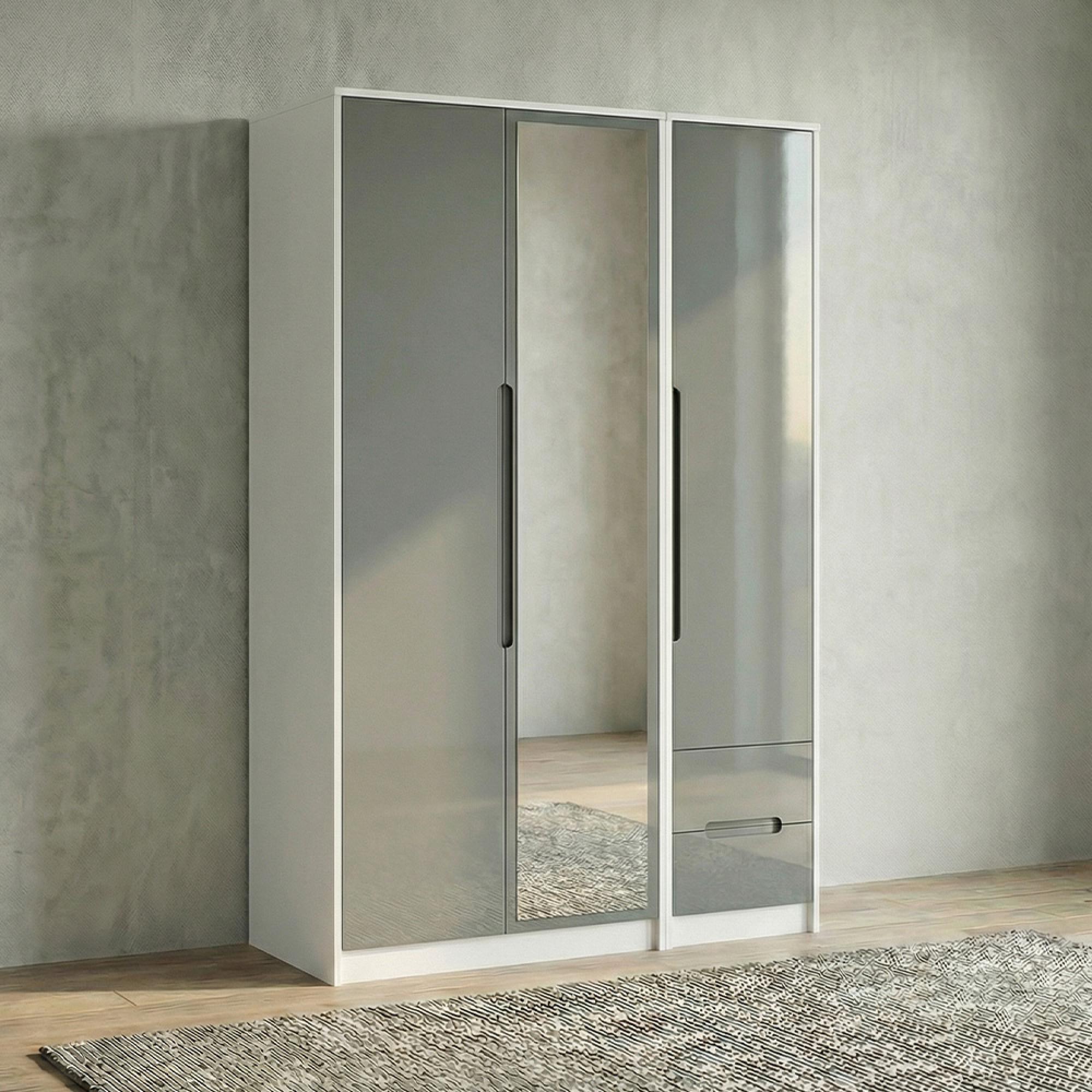 Monaco Wardrobe - 3 Door - 1 Mirror - RHF 2 Drawer - Tall - Combi - Grey Gloss and White