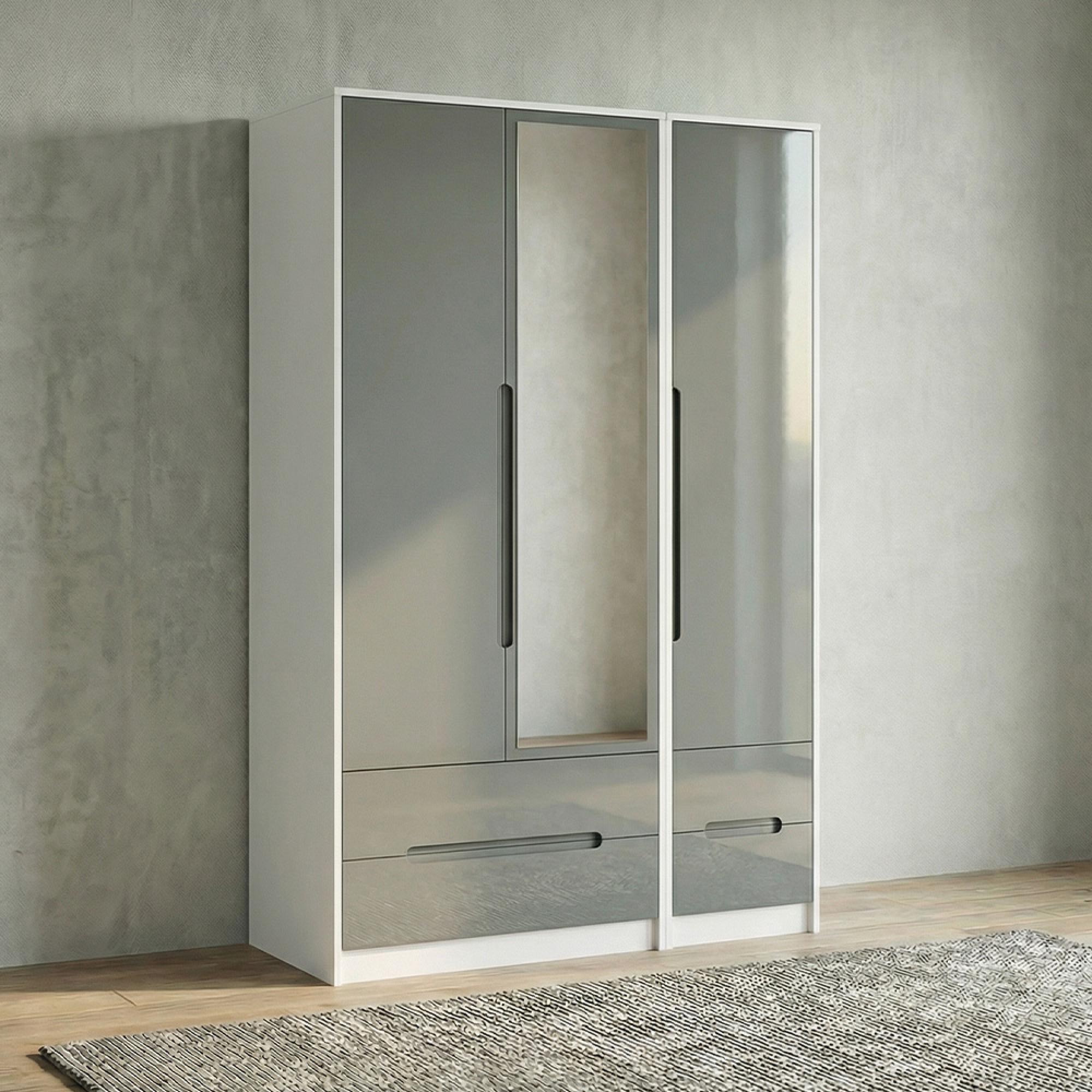 Monaco Wardrobe - 3 Door - 1 Mirror - Tall - Combi - Grey Gloss and White