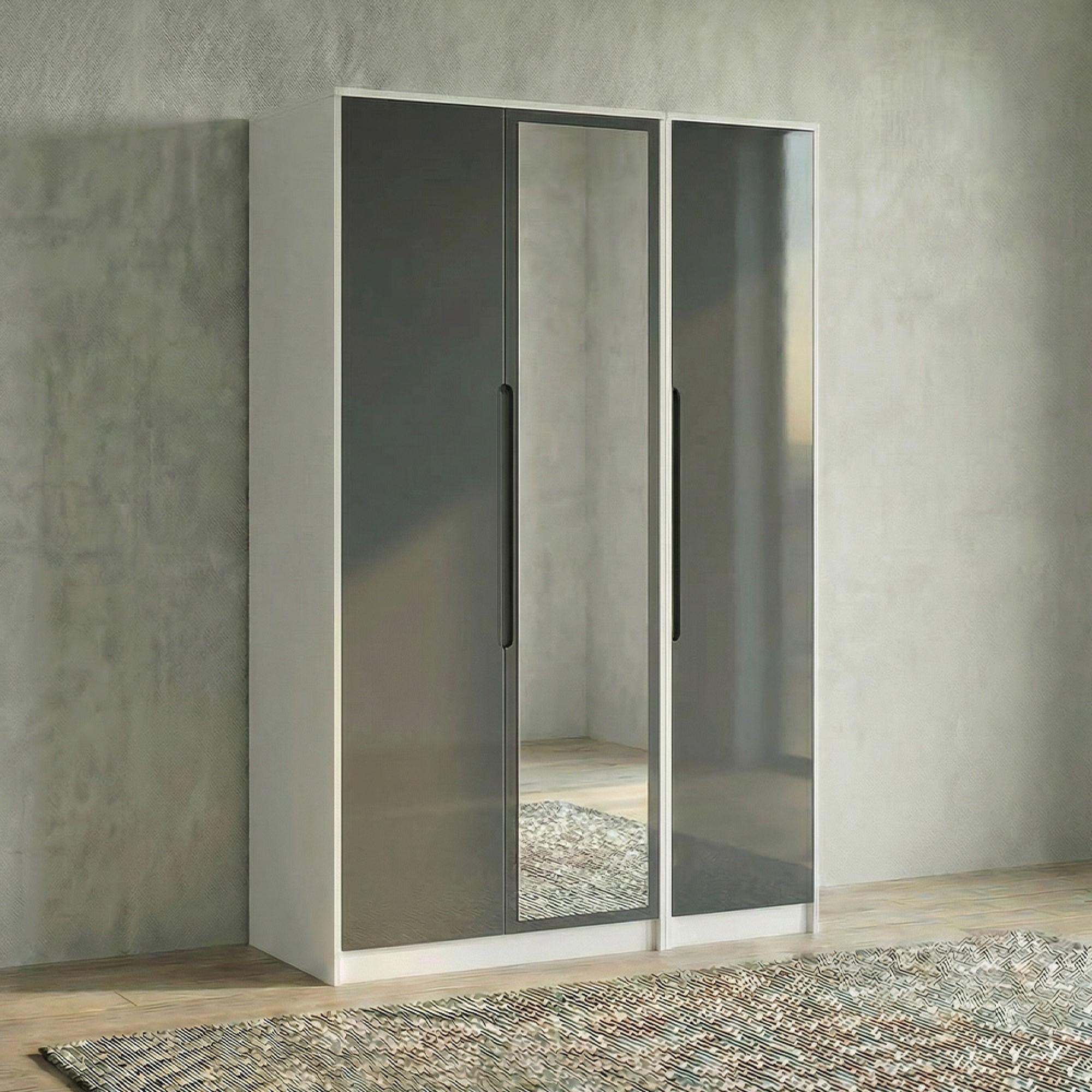 Monaco Wardrobe - 3 Door - 1 Mirror - Tall - Triple - Grey Gloss and White