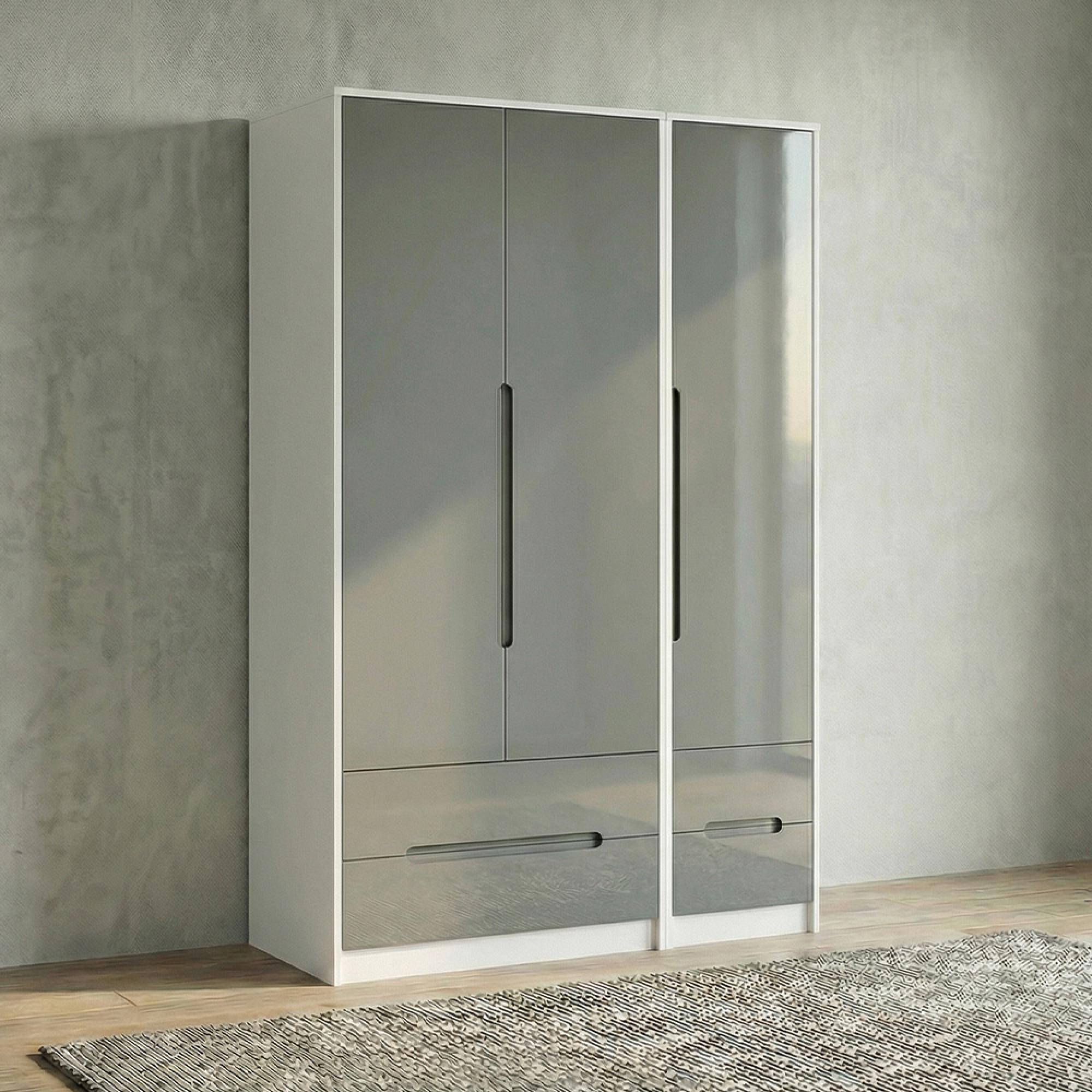 Monaco Wardrobe - 3 Door - 4 Drawer - Tall - Triple - Grey Gloss and White