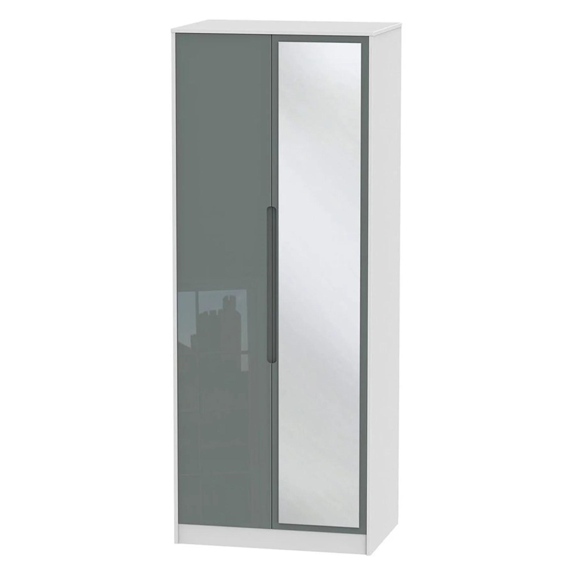 Monaco Wardrobe - 2 Door - Tall - 1 Mirror - Grey Gloss and White