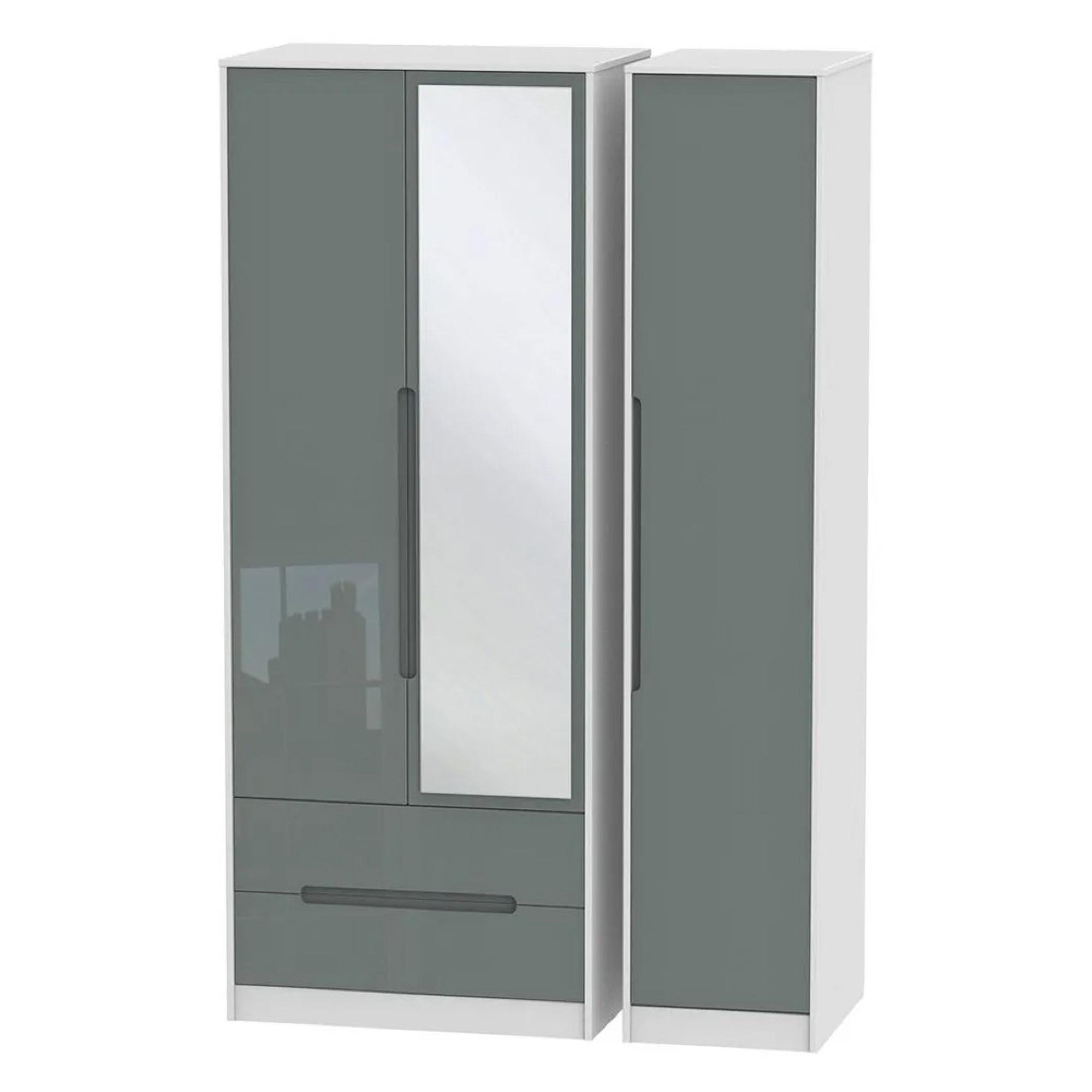 Monaco Wardrobe - 3 Door - 1 Mirror - LHF 2 Drawer - Tall - Combi - Grey Gloss and White