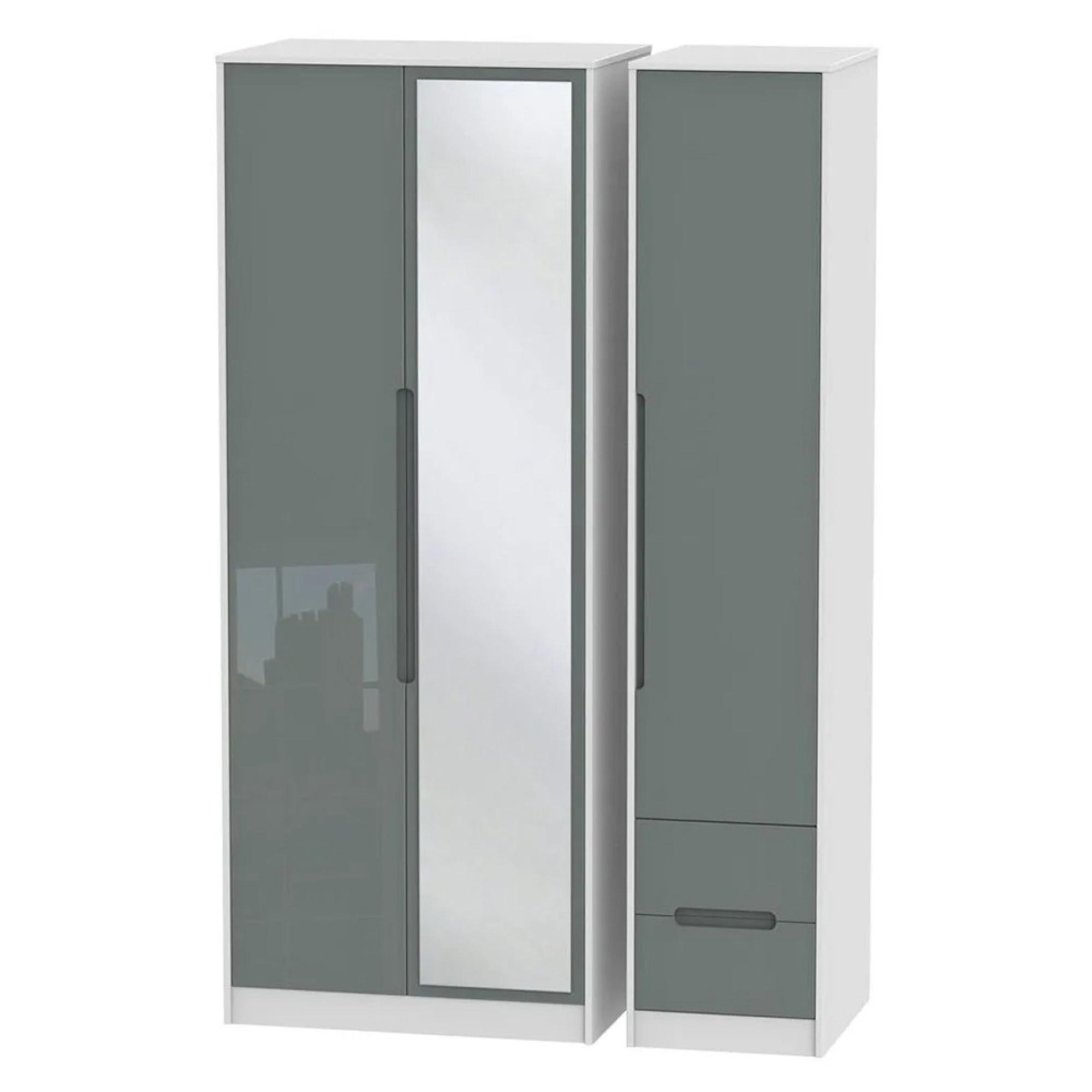 Monaco Wardrobe - 3 Door - 1 Mirror - RHF 2 Drawer - Tall - Combi - Grey Gloss and White