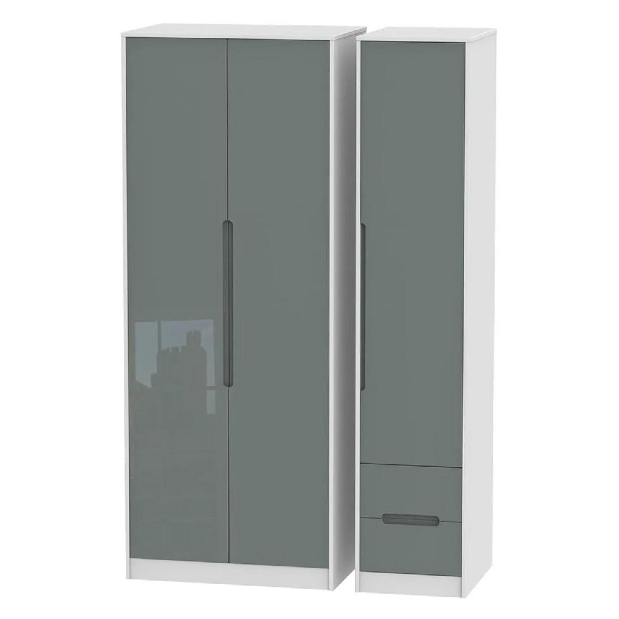 Monaco Wardrobe - 3 Door - RHF 2 Drawer - Tall - Triple - Grey Gloss and White