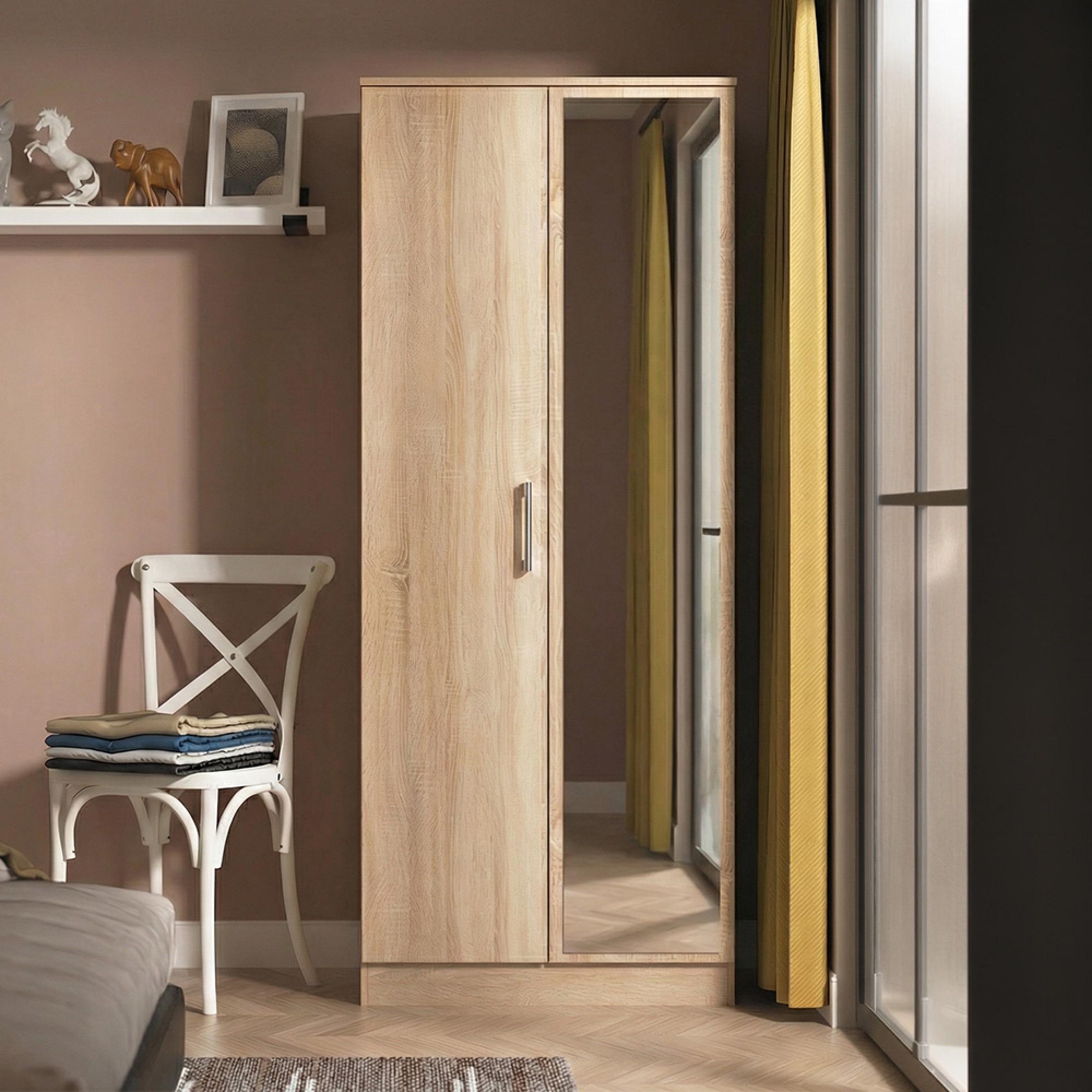 Devon Tall Wardrobe - 2 Door - 1 Mirror - Oak