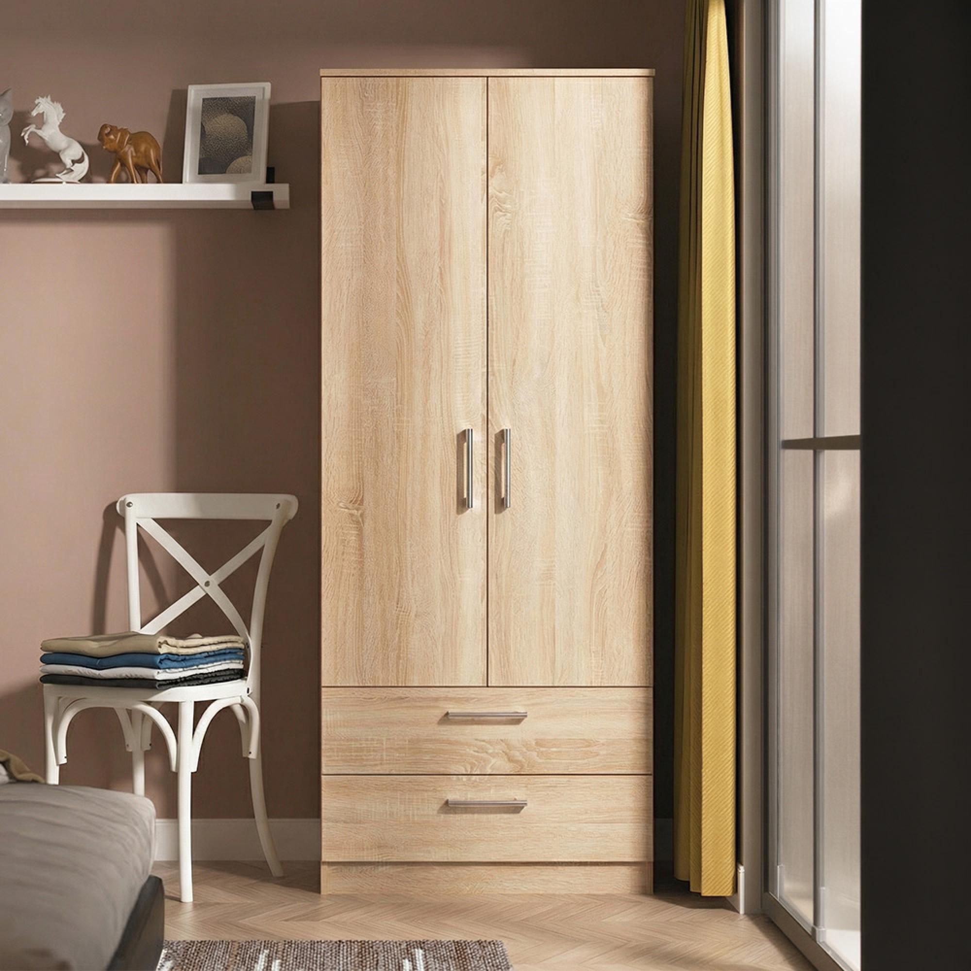 Devon Tall Wardrobe - 2 Door - 2 Drawer - Oak