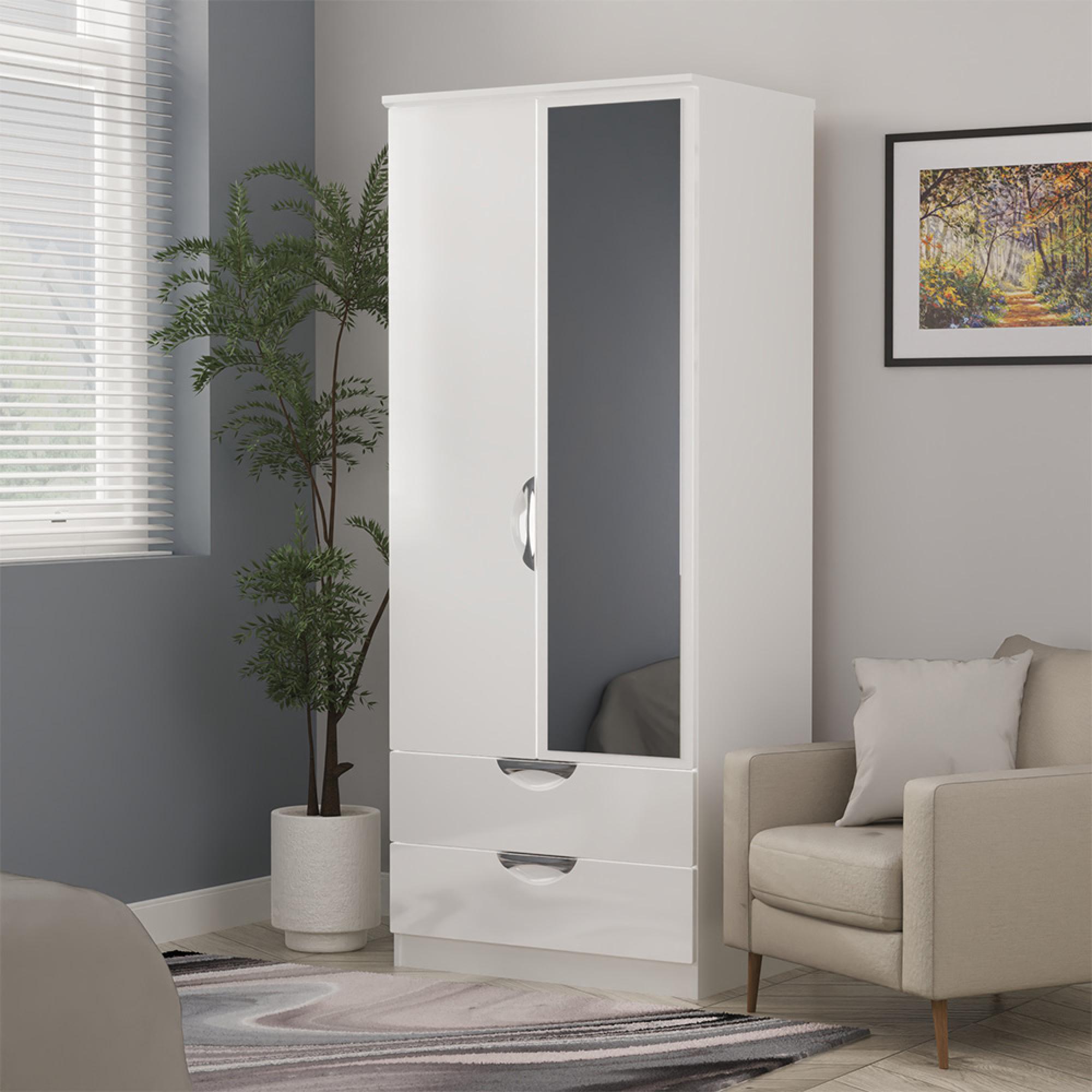 Camden Wardrobe - 2 Door - Combi with 1 Mirror - White Gloss