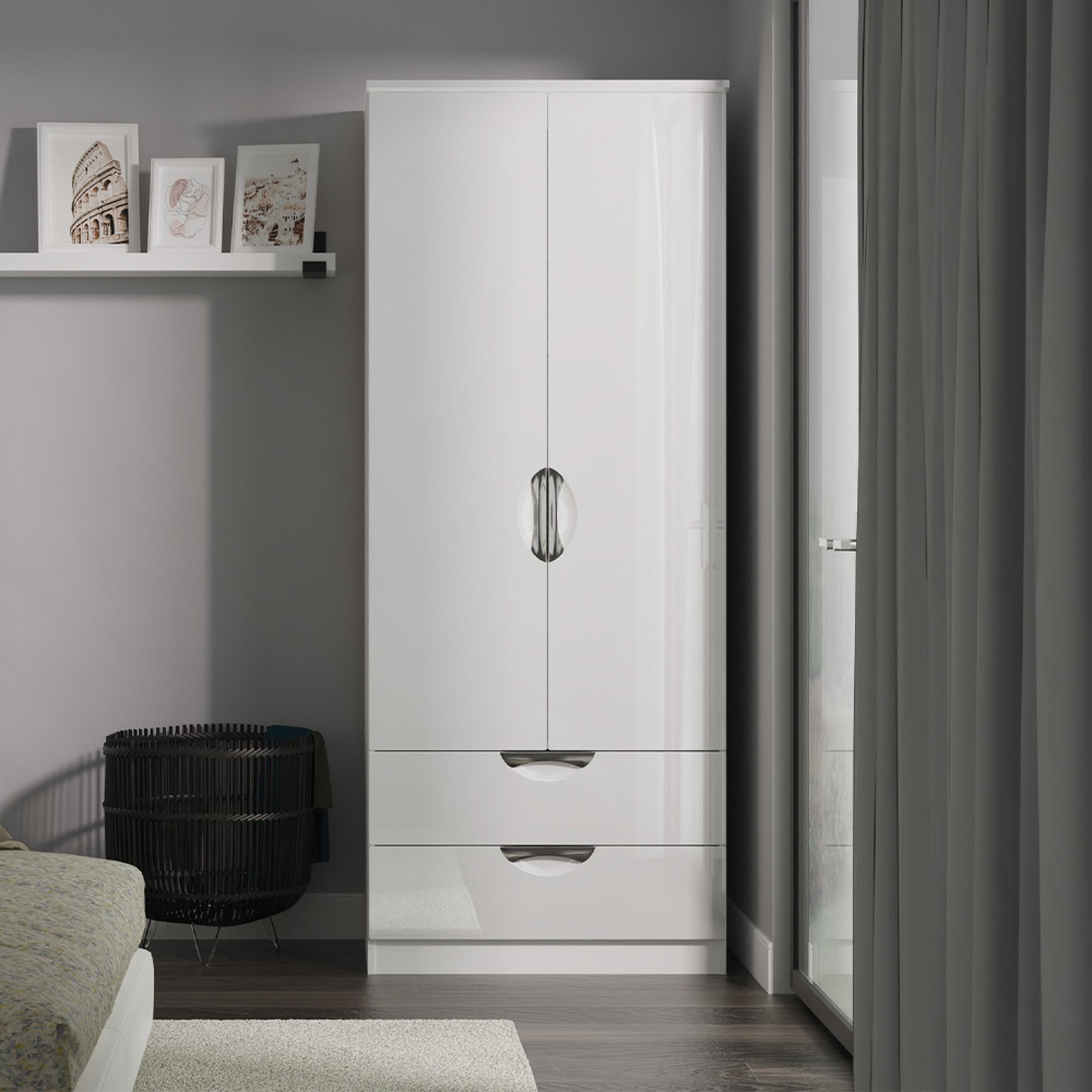 Camden Wardrobe - 2 Door with 2 Drawers - Double - White Gloss