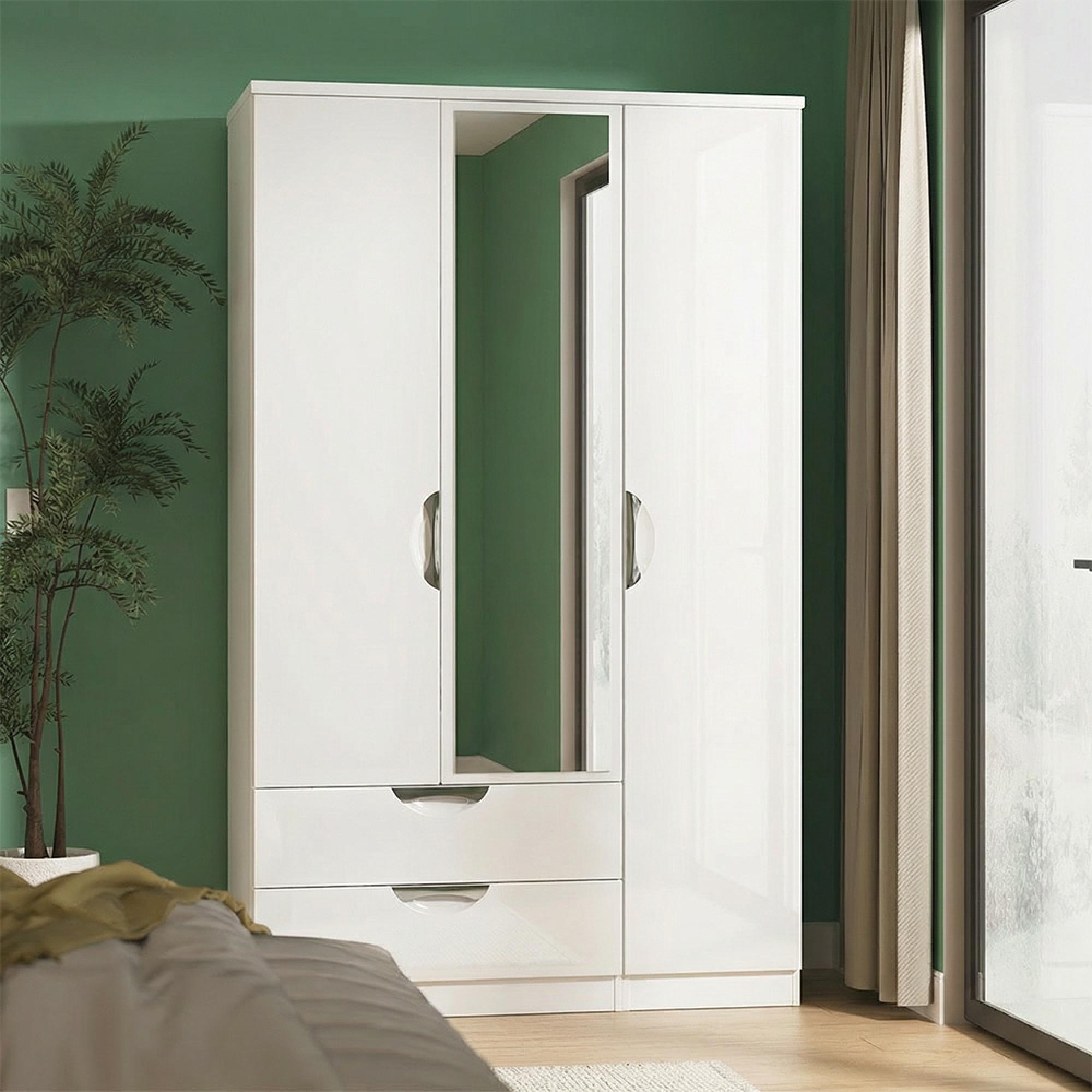 Camden Wardrobe - 3 Door - Combi with 1 Mirror - LHF 2 Drawers - White Gloss