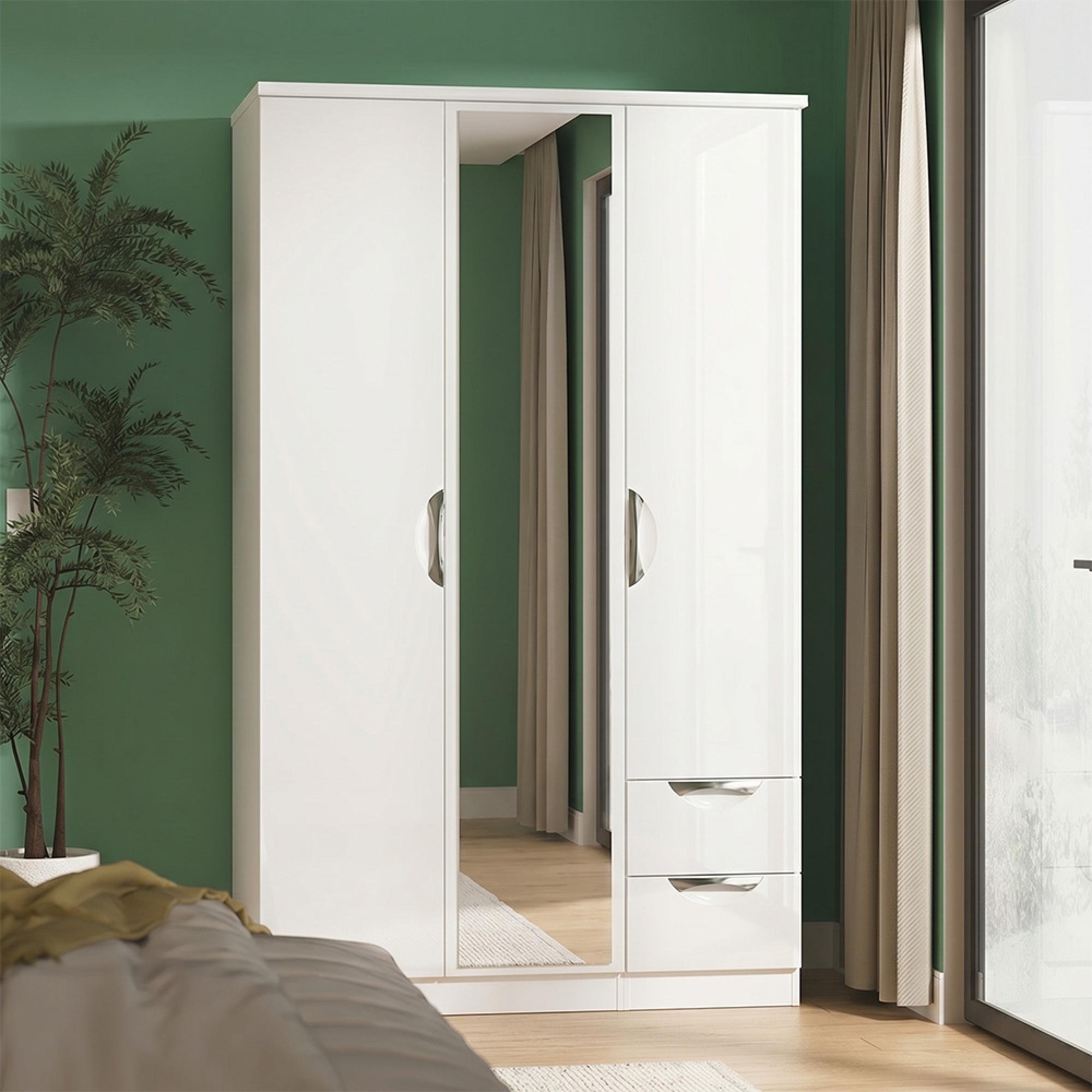 Camden Wardrobe - 3 Door - Combi with 1 Mirror - RHF 2 Drawers - White Gloss