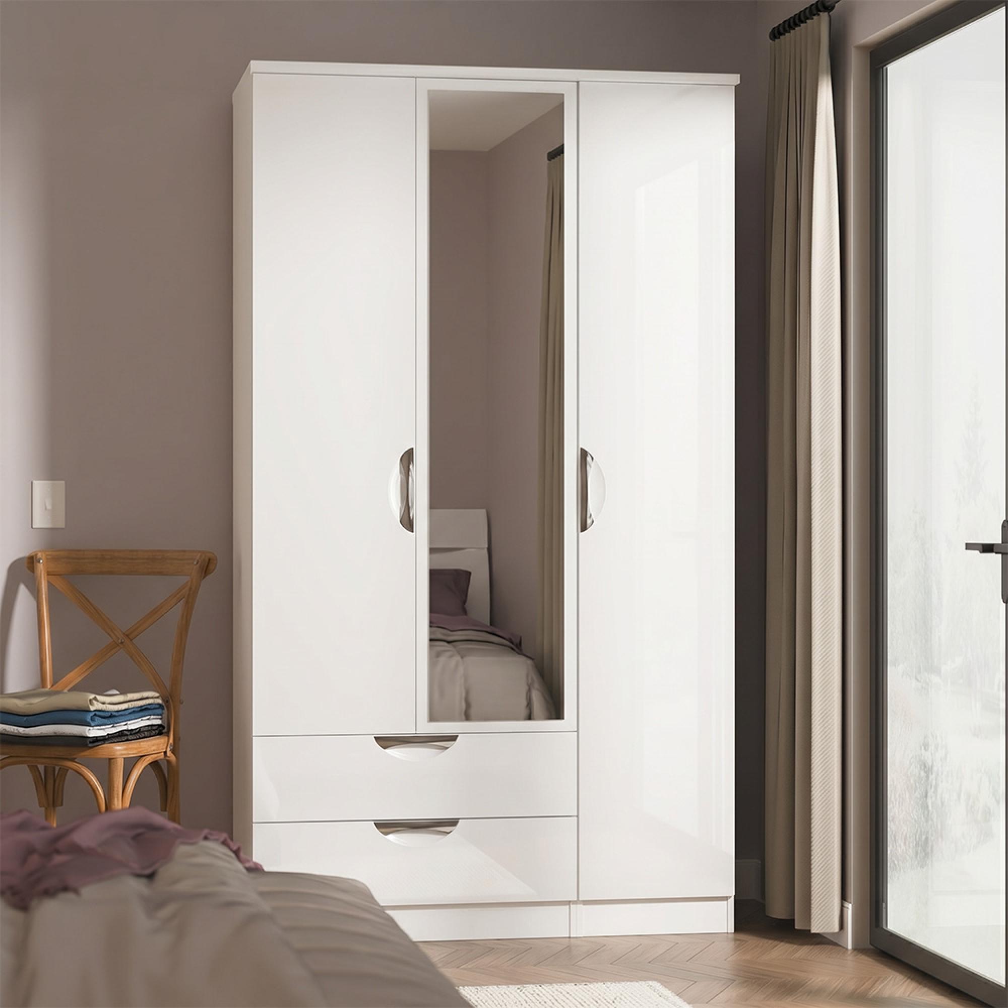 Camden Wardrobe - 3 Door - Tall Combi - with 1 Mirror - LHF 2 Drawers - White Gloss
