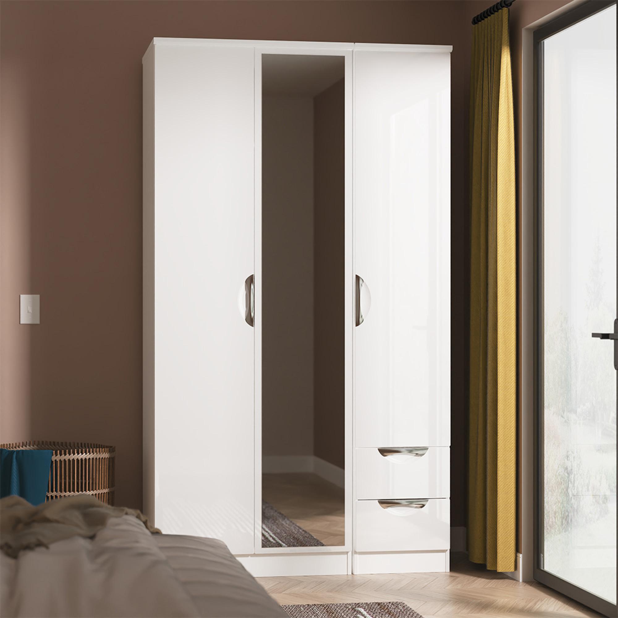 Camden Wardrobe - 3 Door - Tall Combi - with 1 Mirror - RHF 2 Drawers - White Gloss