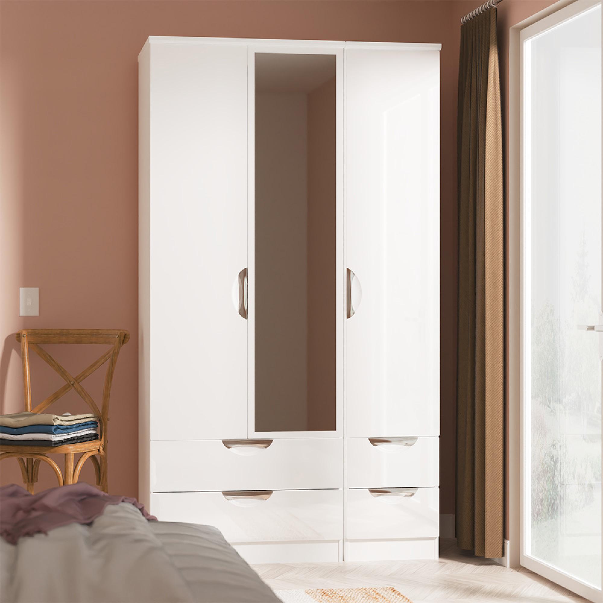 Camden Wardrobe - 3 Door - Tall Combi with 1 Mirror - White Gloss