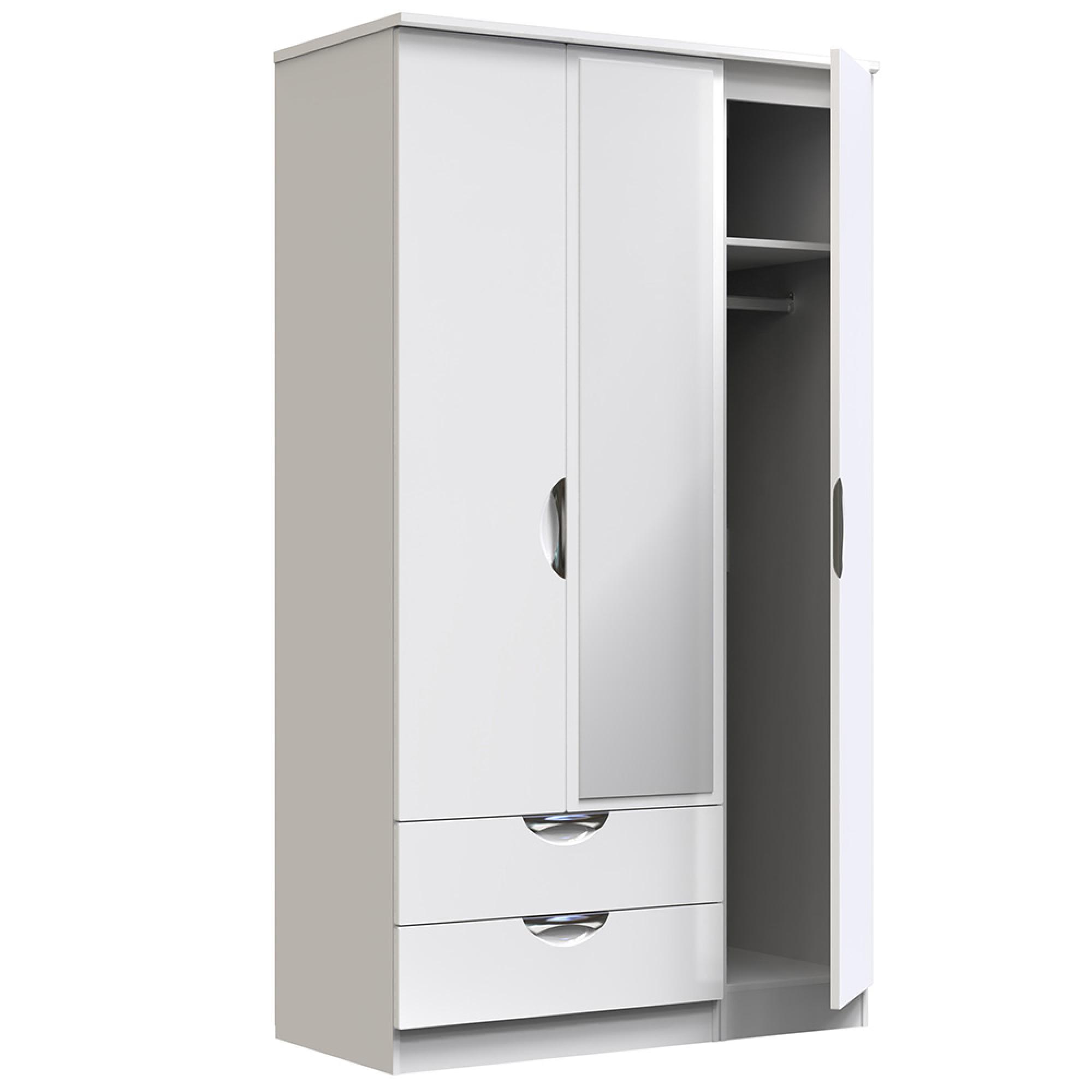 Camden Wardrobe - 3 Door - Tall Combi - with 1 Mirror - LHF 2 Drawers - White Gloss
