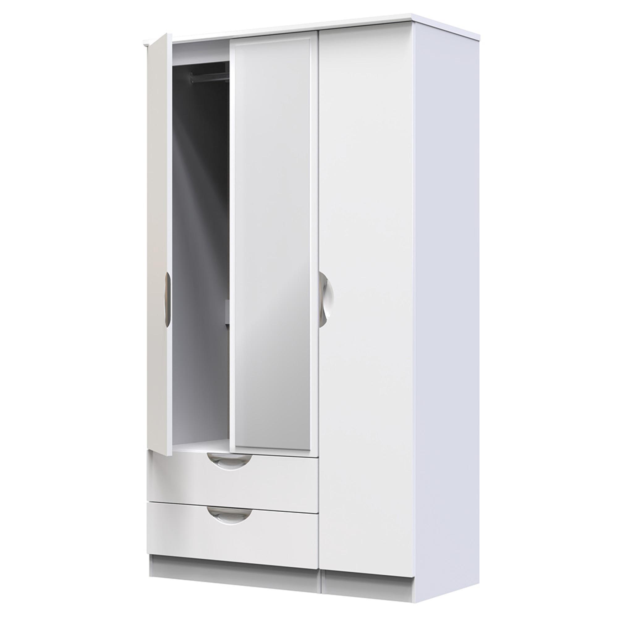 Camden Wardrobe - 3 Door - Tall Combi - with 1 Mirror - LHF 2 Drawers - White Gloss