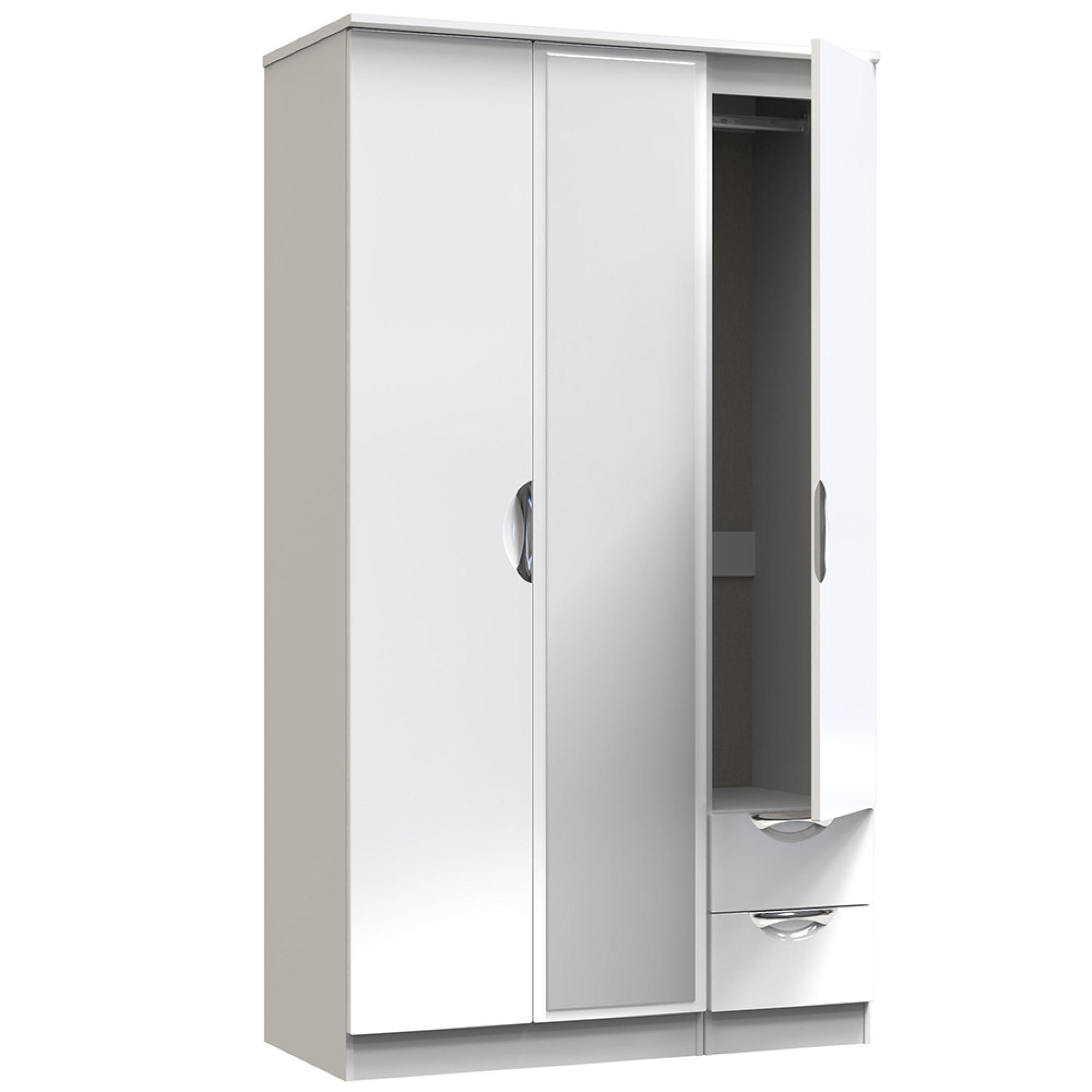 Camden Wardrobe - 3 Door - Tall Combi - with 1 Mirror - RHF 2 Drawers - White Gloss