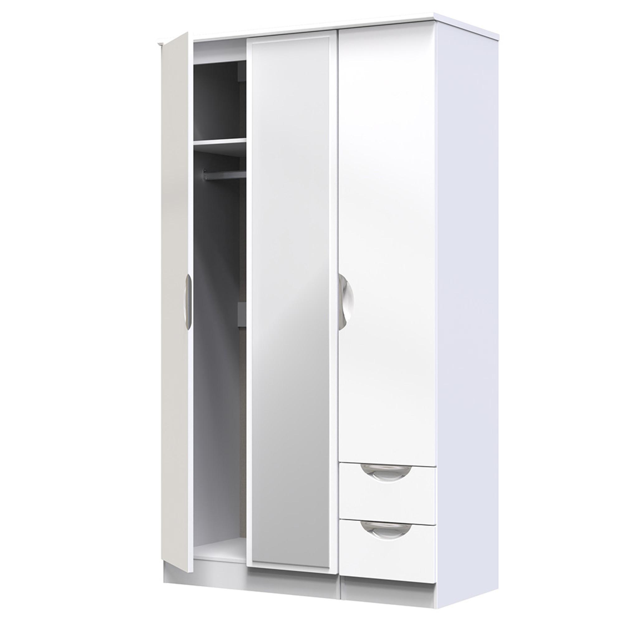 Camden Wardrobe - 3 Door - Tall Combi - with 1 Mirror - RHF 2 Drawers - White Gloss